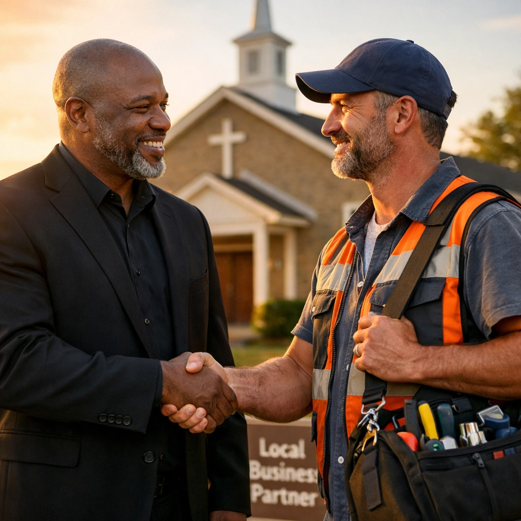 Pastor and local tradesperson shaking hands, representing faith-based economic stewardship.