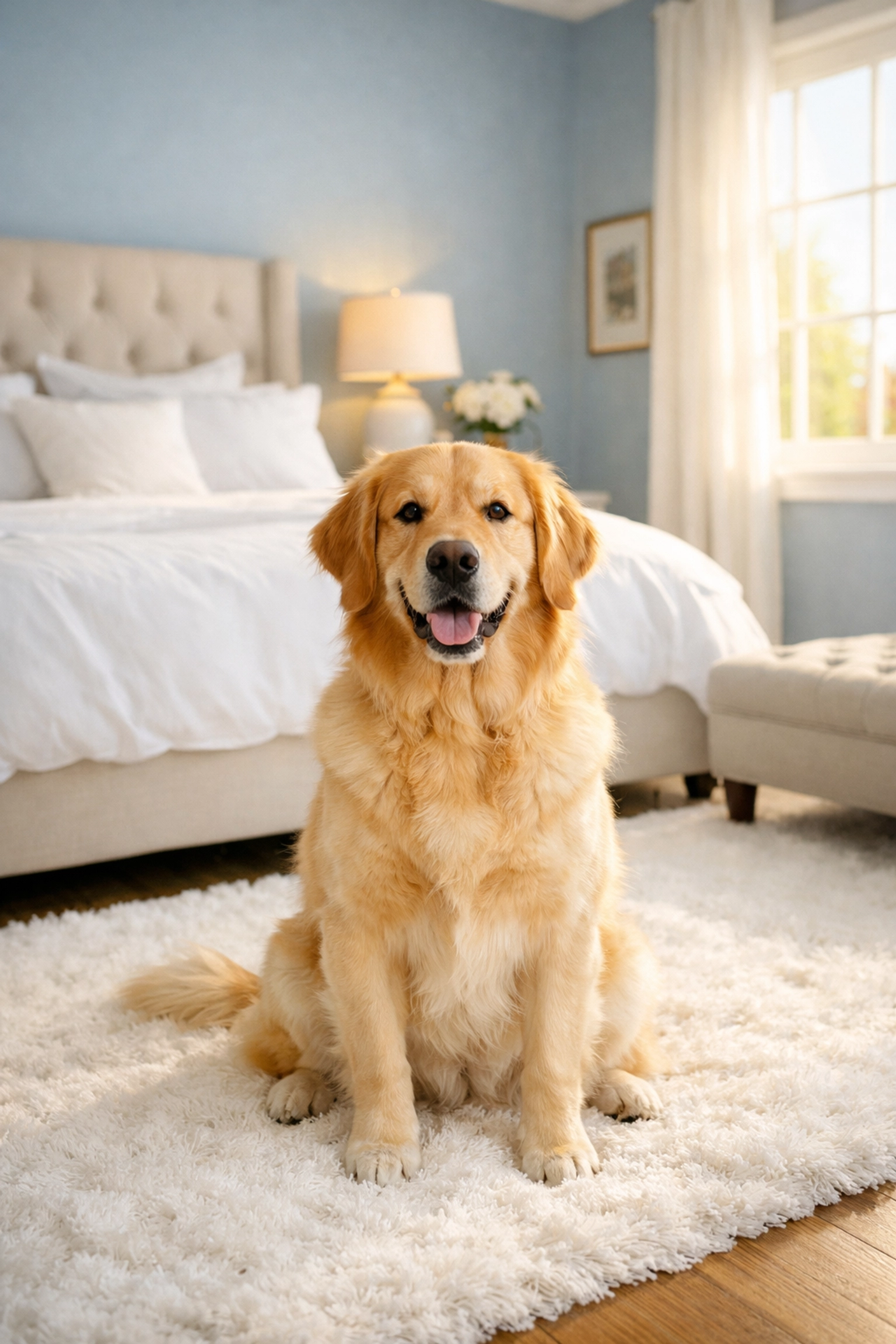 Pet-friendly luxury house cleaning in Norwell featuring a dust-free bedroom and white rug.