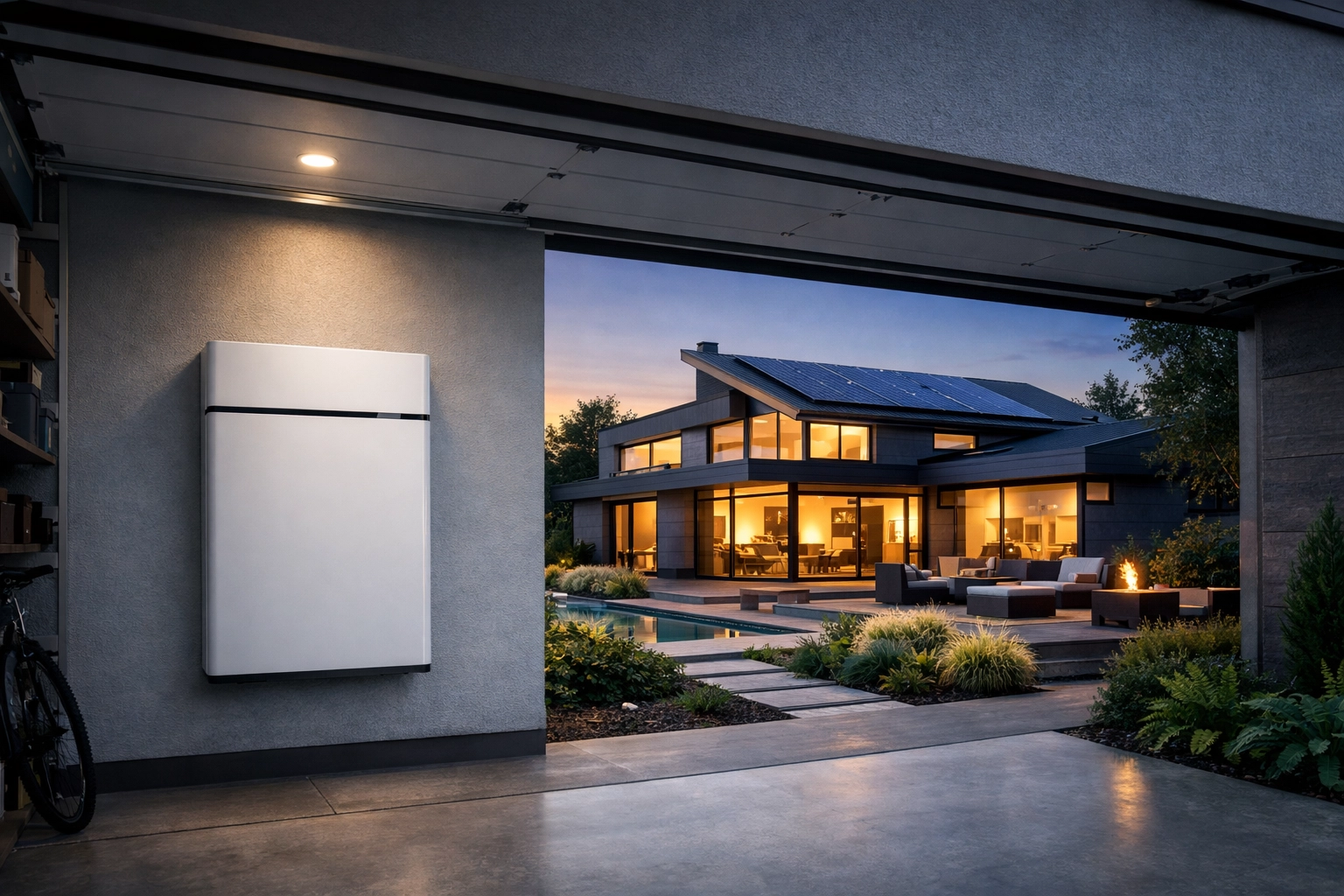 Modern eco-home featuring rooftop solar panels and a wall-mounted home battery system for energy independence.