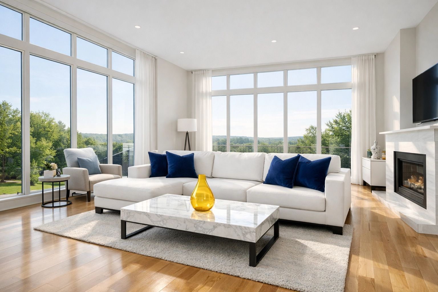 Spotless living room in Marlborough after a professional deep cleaning showing dust-free hardwood floors.