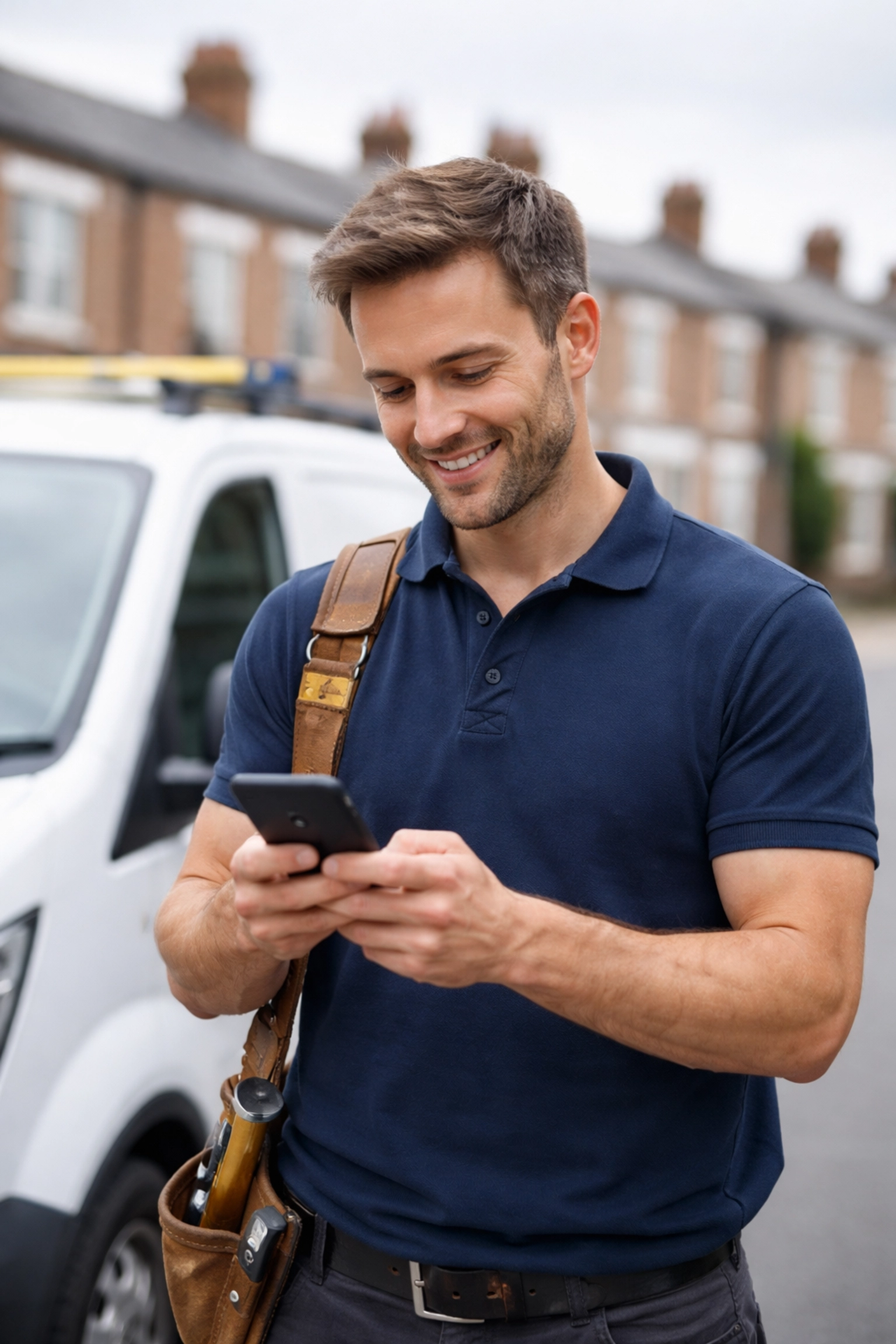 British tradesperson smiling at a phone outside a van, representing local business using affordable AI help.