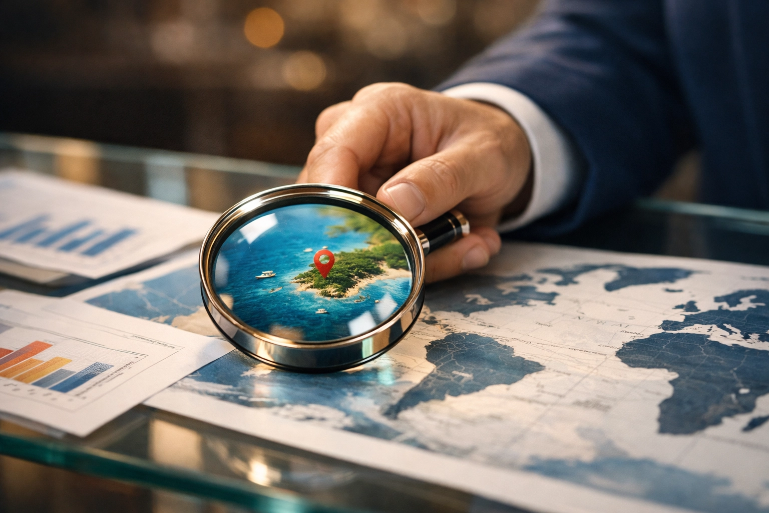 Professional investigator using a magnifying glass on a world map to trace hidden offshore assets and find owners.