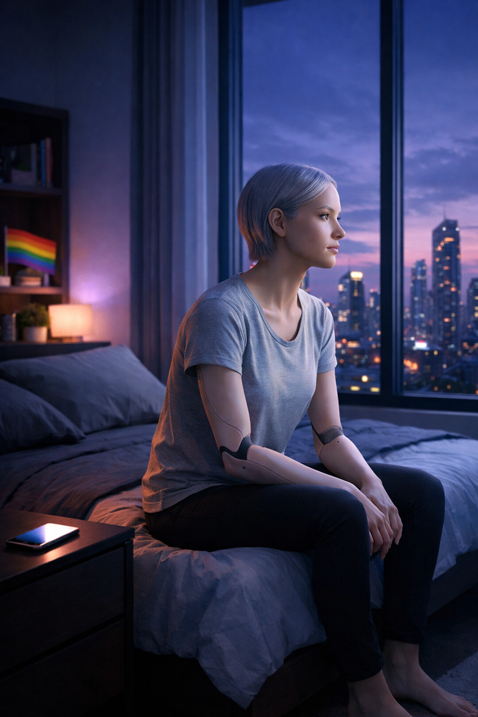 AI companion in modern bedroom with pride flag, future of gay relationships and digital connection