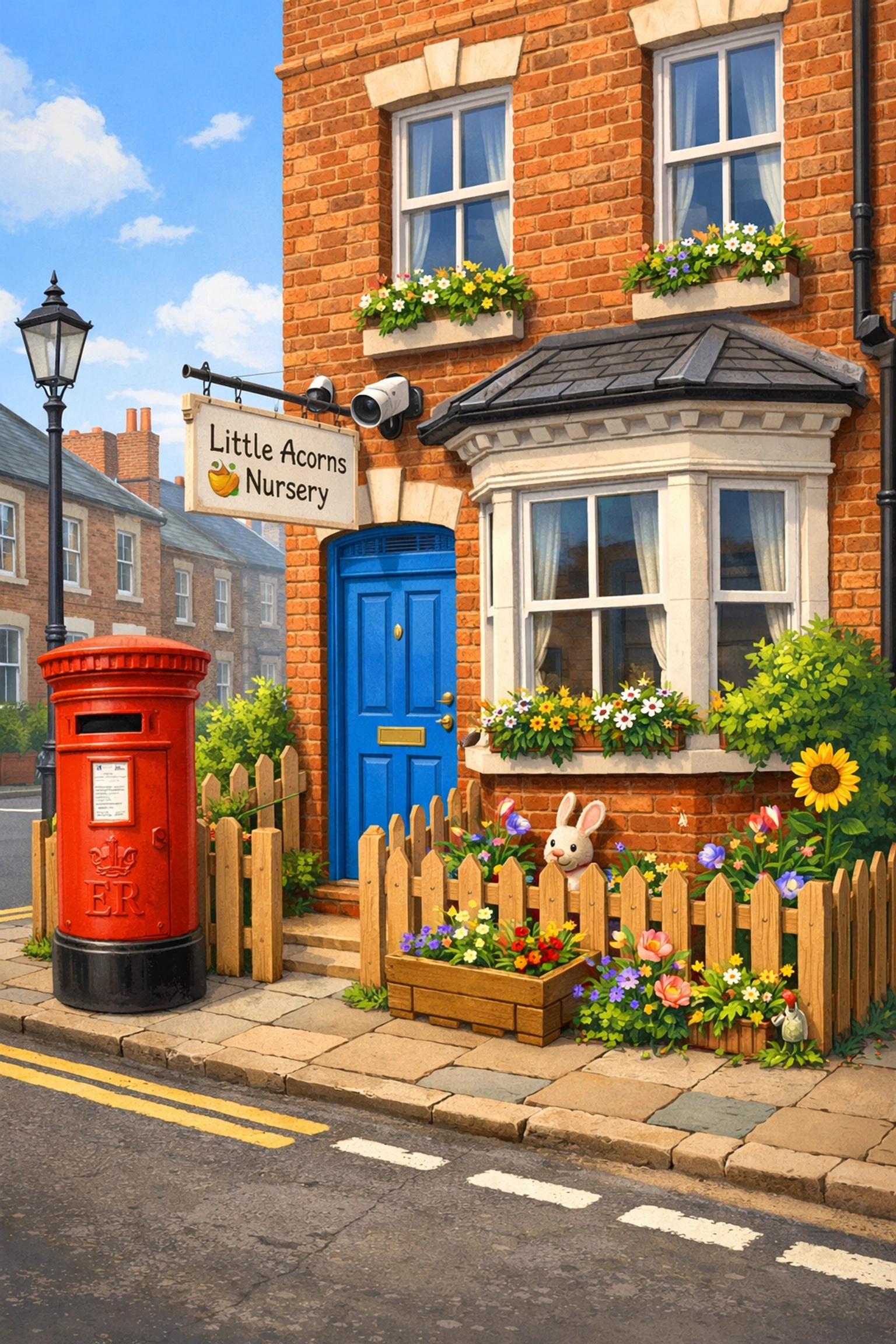 Secure Gloucester nursery exterior in a Victorian red-brick building with visible professional CCTV.