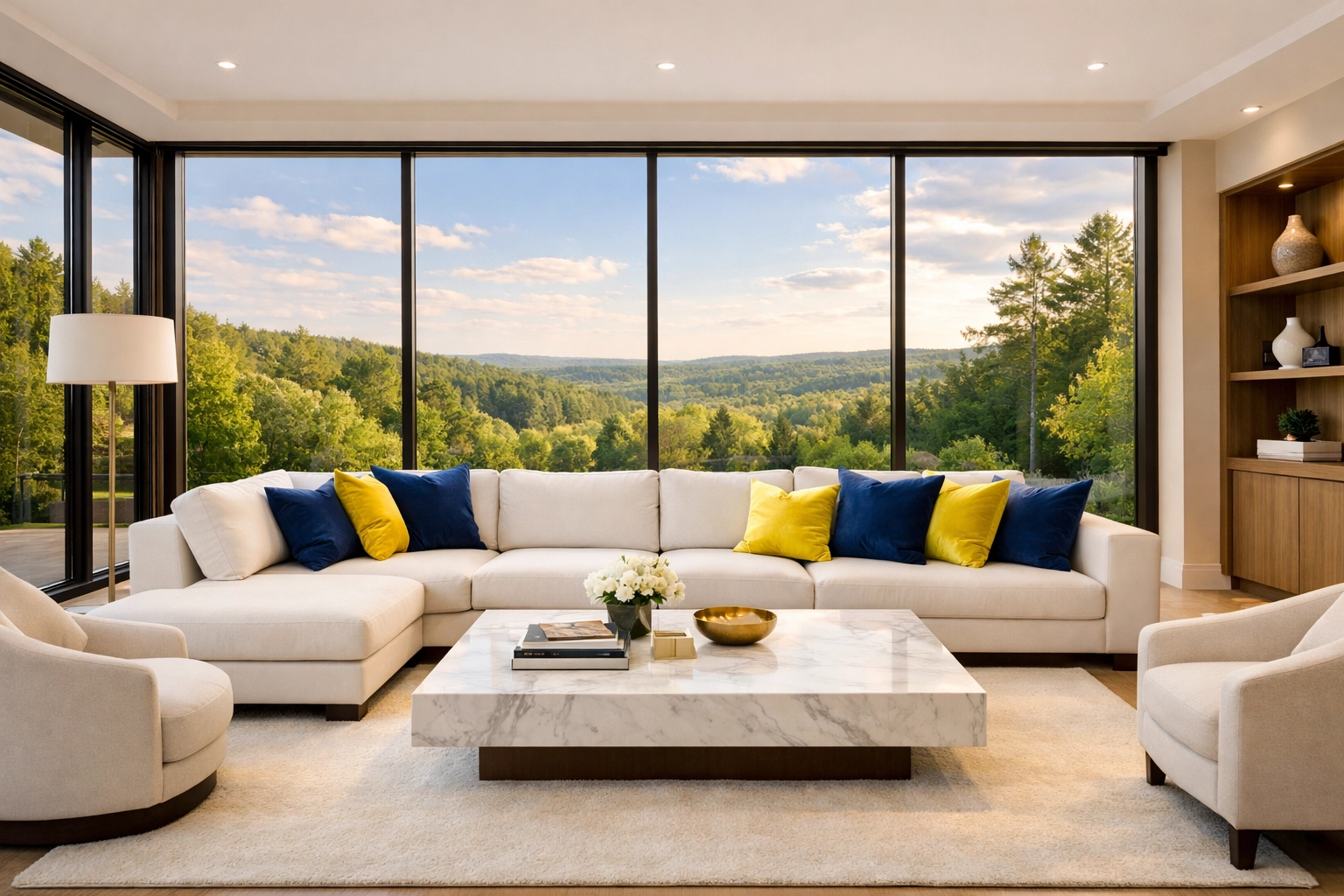 Spotless luxury living room in Harvard MA highlighting a consistent weekly house cleaning routine.