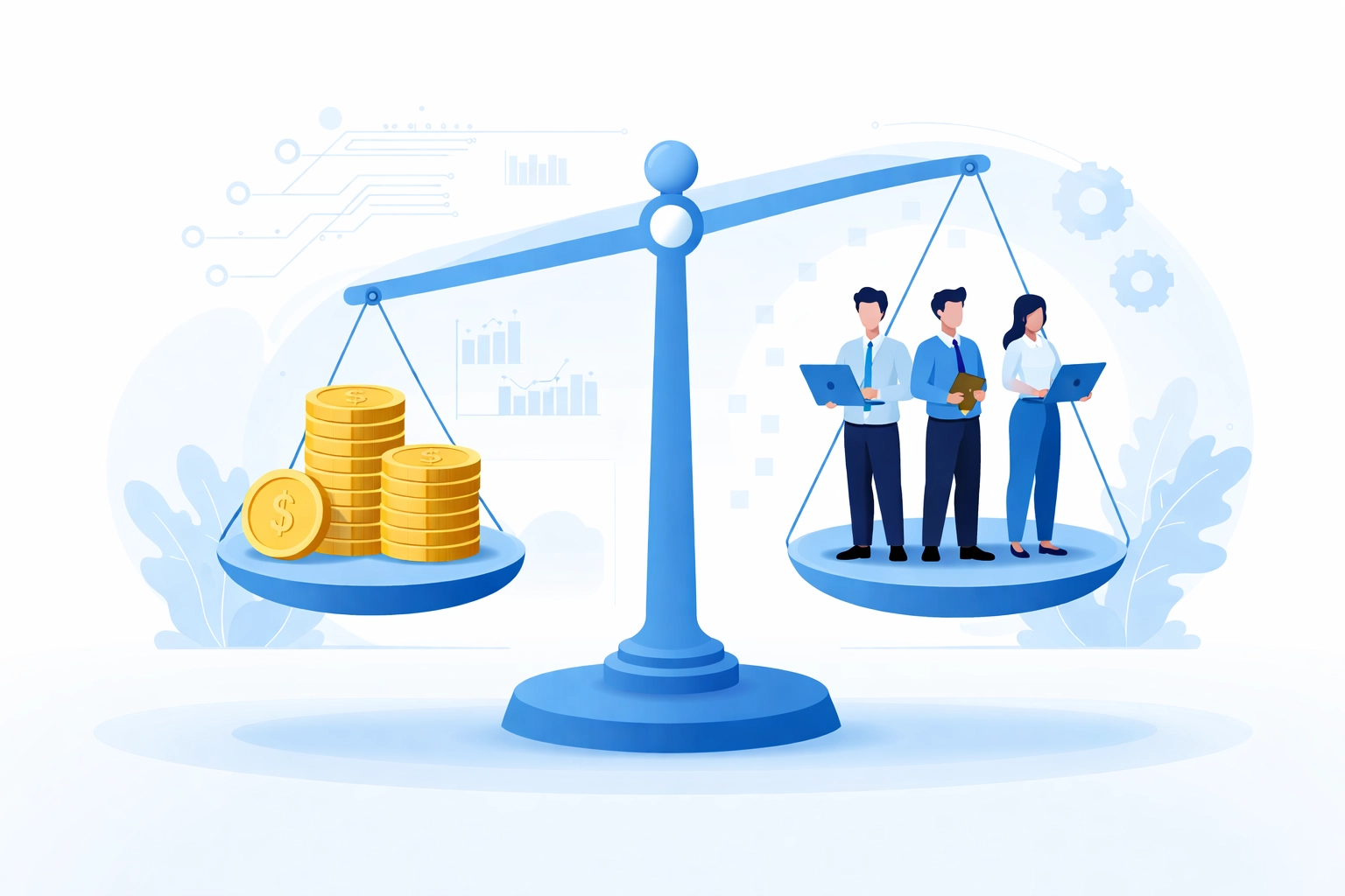 Balanced scale with coins and IT specialists illustrating cost savings with whitelabel IT support for MSPs.