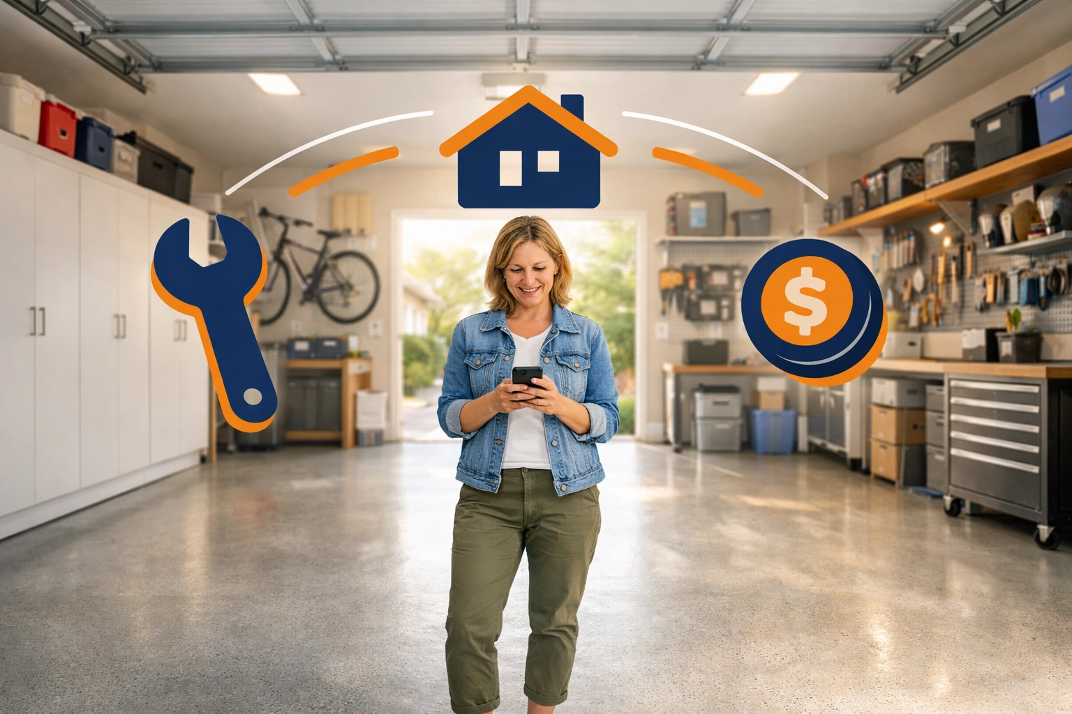 A clean, organized garage in Wakefield showing the space-saving benefits of renting tools instead of buying.