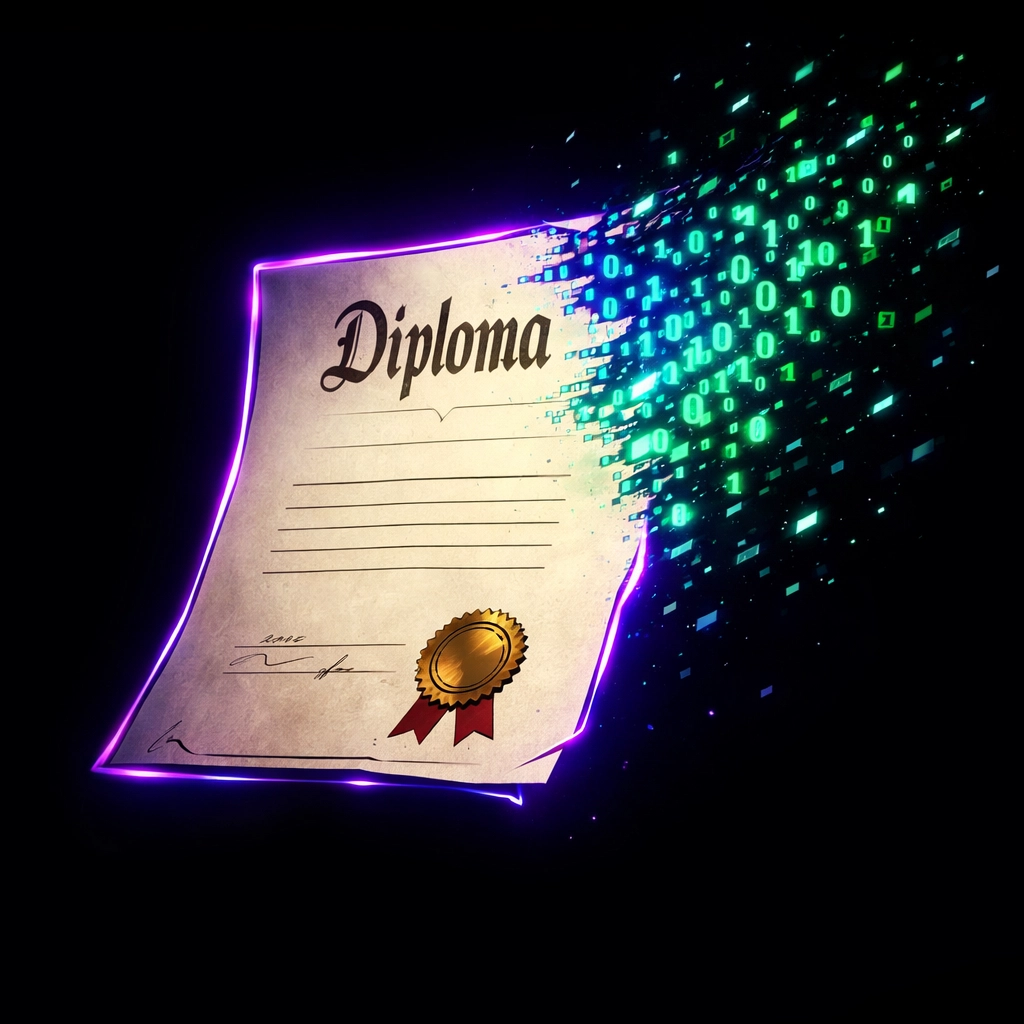 Graduation diploma transforming into digital code to bridge the campus-to-career gap with AI assessments.