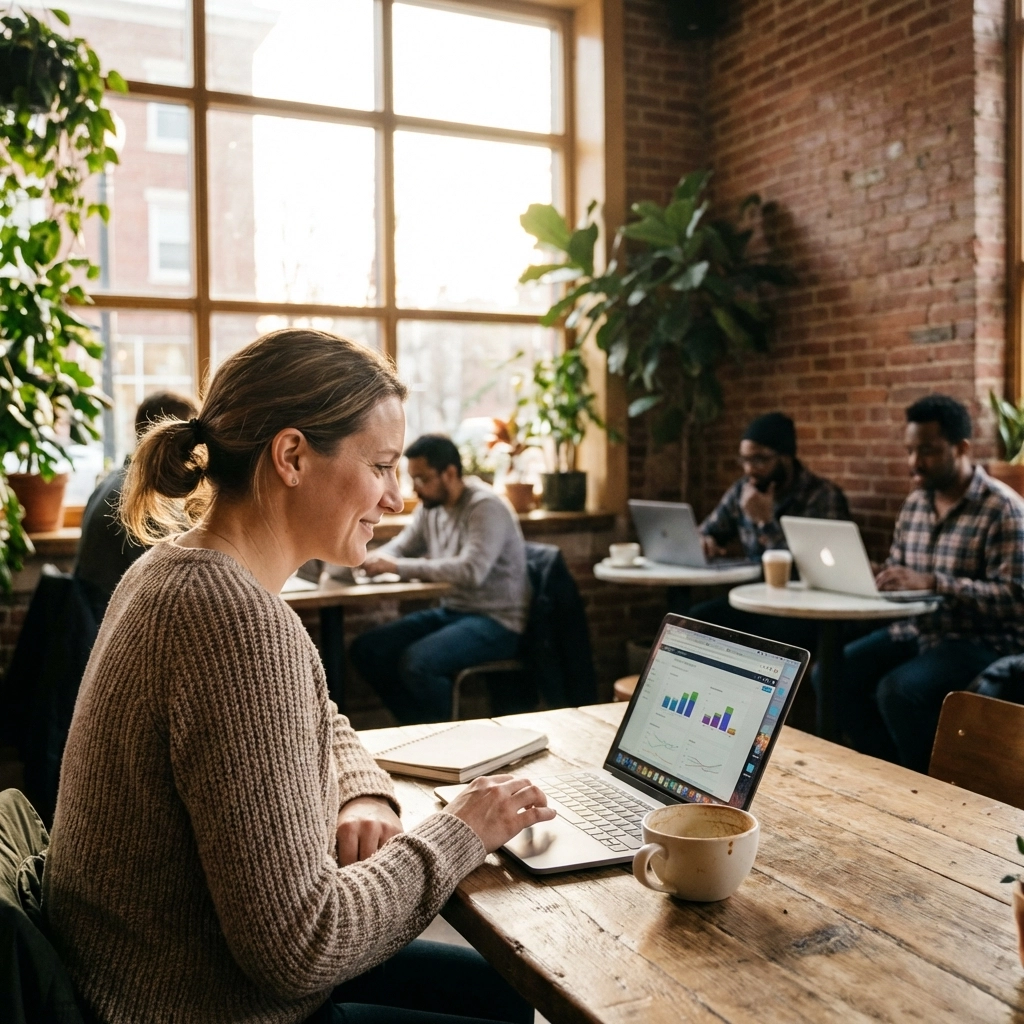 Female entrepreneur using a laptop in a coffee shop to manage her email list, highlighting simple marketing tips for small business owners.