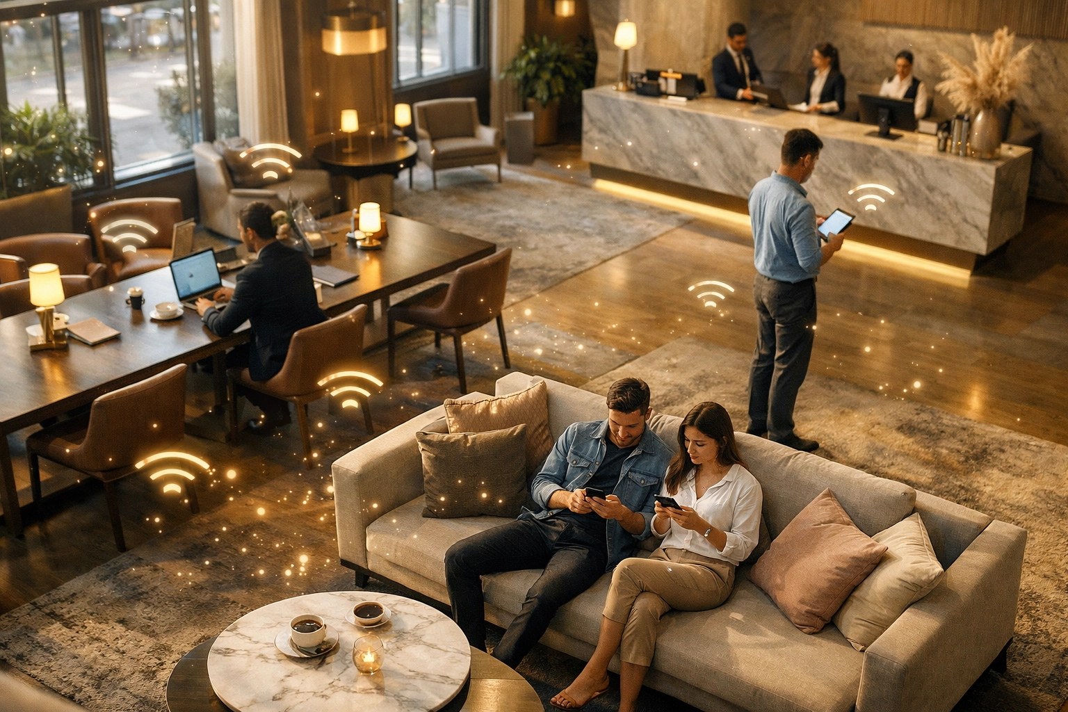 Hotel lobby guests using laptops, phones, and tablets on WiFi network