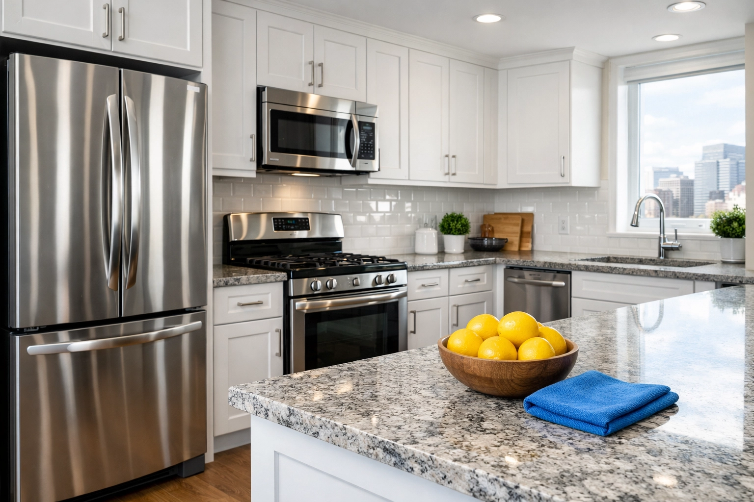 Spotless modern kitchen in a Boston luxury apartment after professional move-out cleaning.