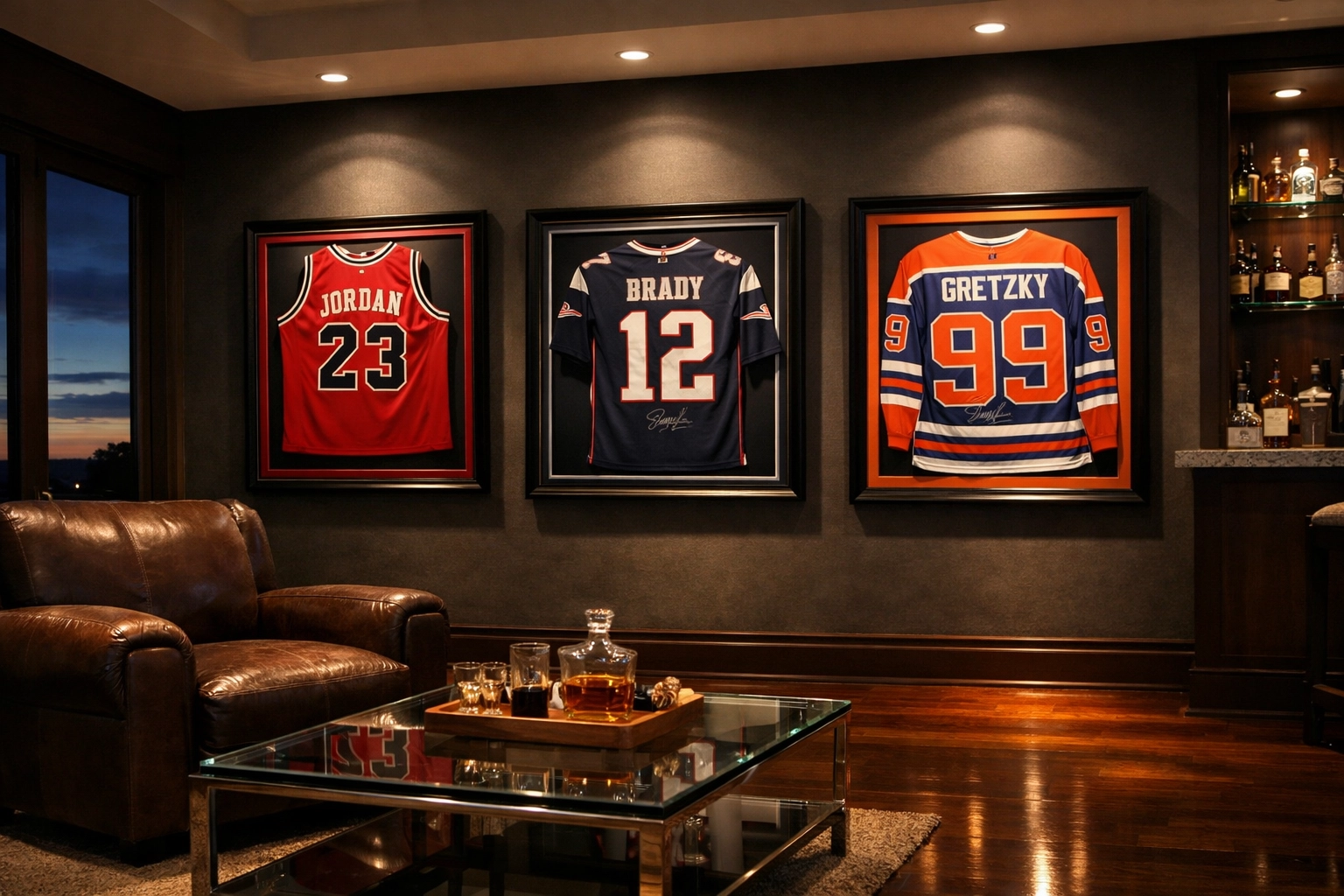 Professionally framed nba autographed jerseys showcased in a high-end sports memorabilia mancave.
