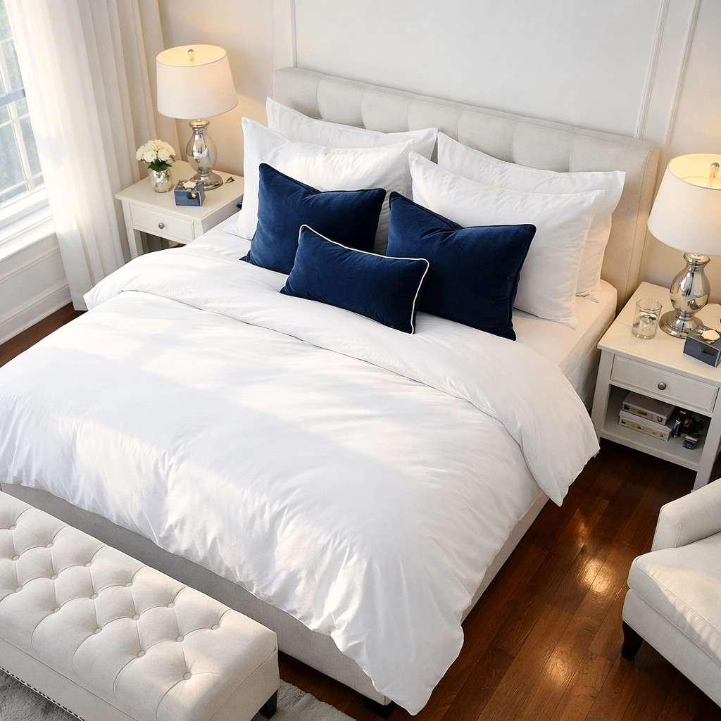 Tidy master bedroom with a made bed, showing home maintenance between bi-weekly cleaning visits.