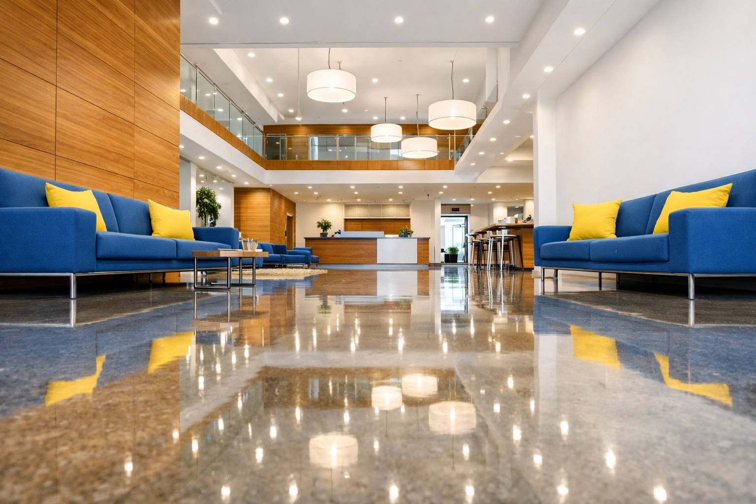 Spotless lobby floor in a Massachusetts commercial building following professional deep office cleaning in Ayer.