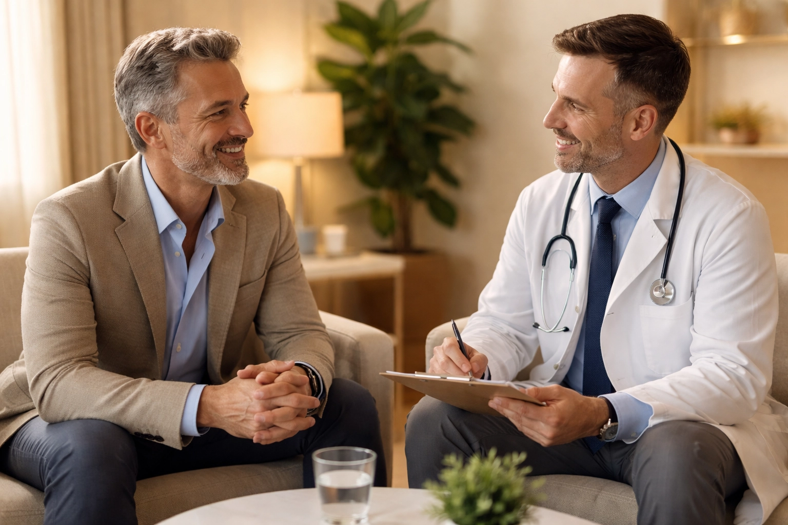 Man in his late 40s consulting with a medical professional at a Boca Raton clinic about hair growth solutions