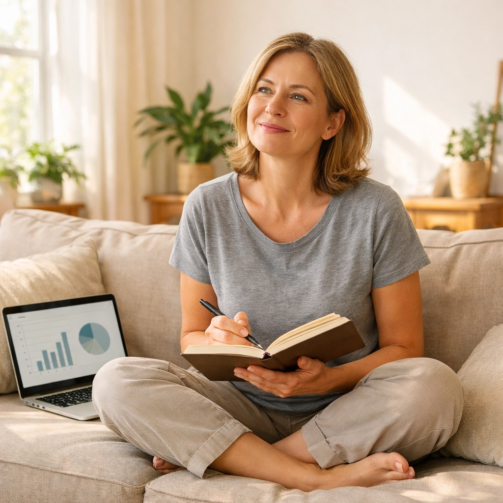 Woman reviewing perimenopause symptom patterns in journal feeling relieved Woman reviewing perimenopause symptom patterns in journal feeling relieved