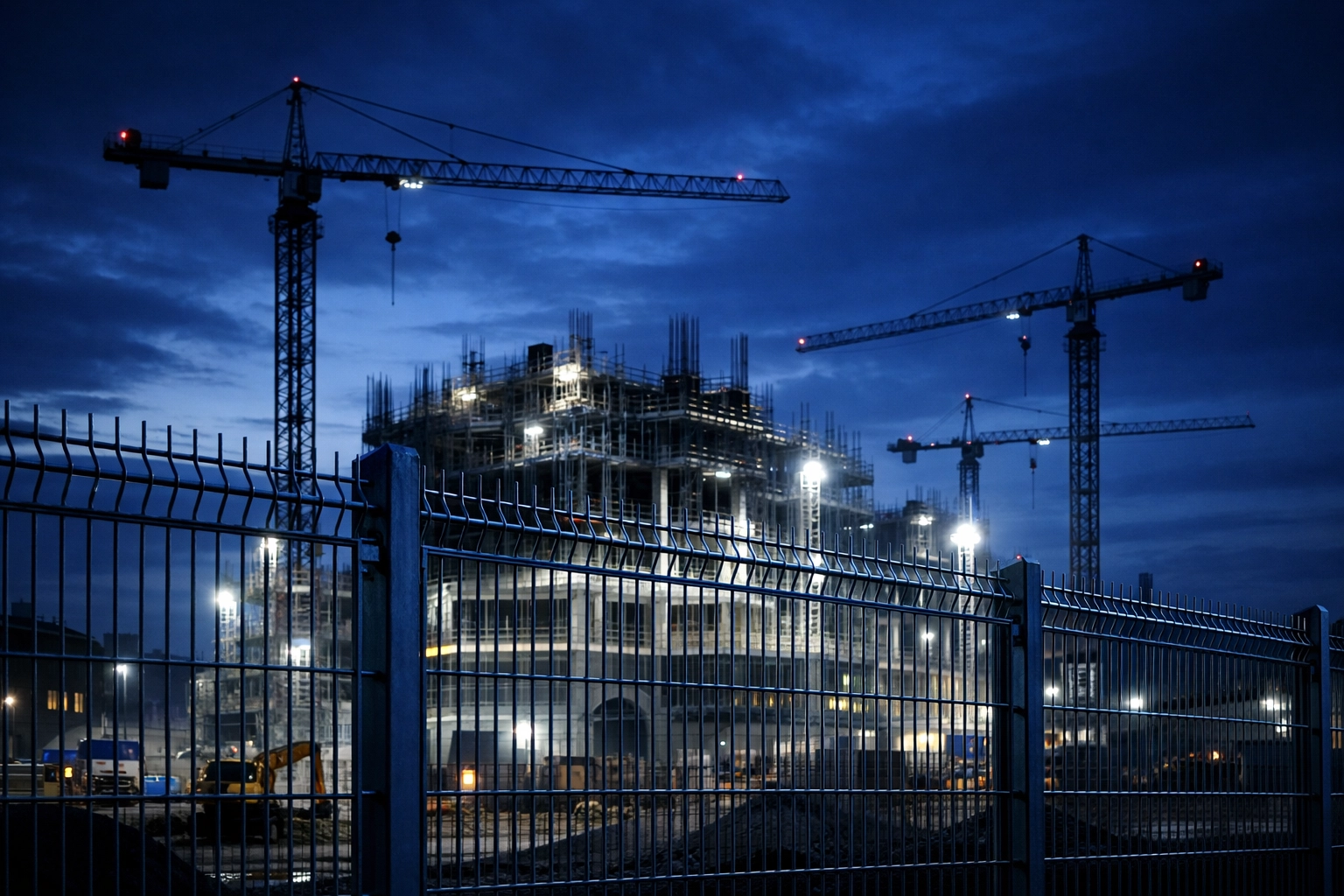 Large-scale UK construction site at dusk with perimeter fencing for asset protection.