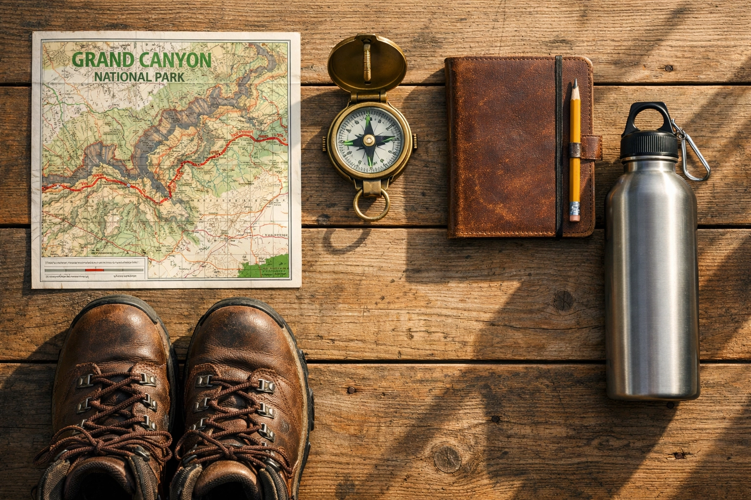Hiking gear, a compass, and a map for Grand Canyon conservation school trip planning.