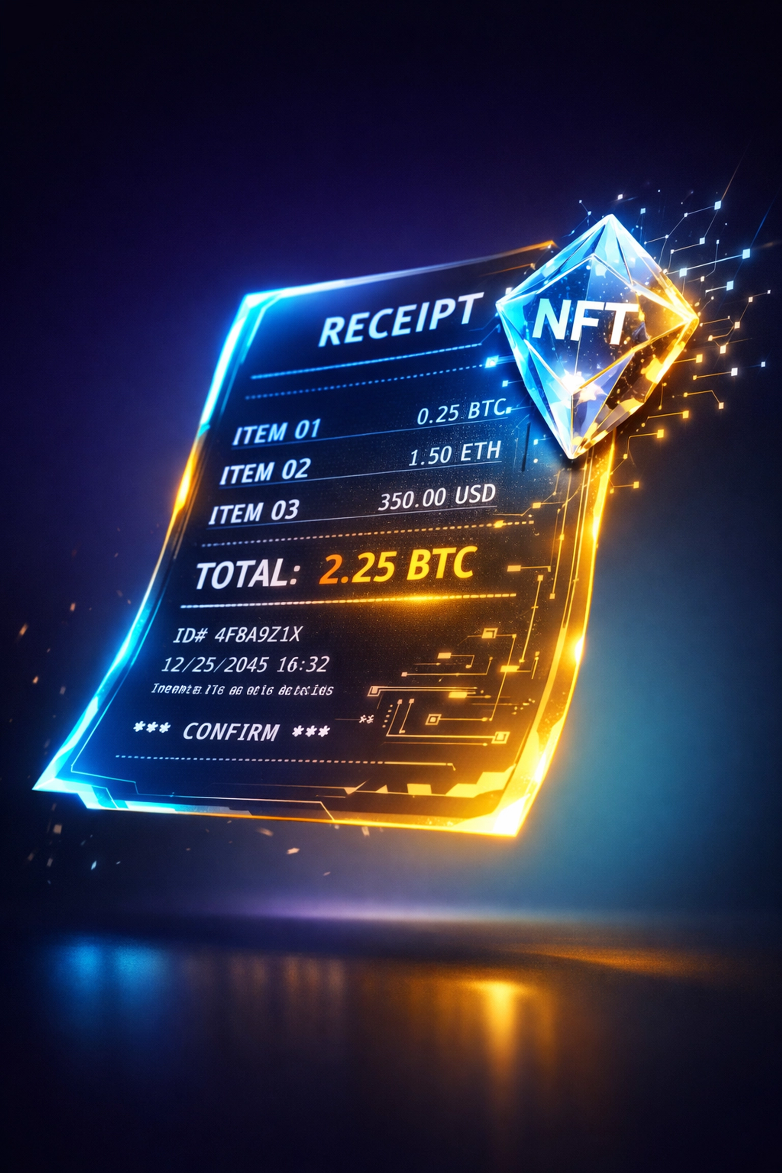 Futuristic NFT receipt for small business transactions with blockchain verification