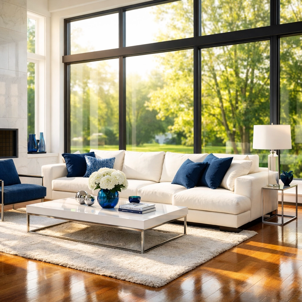 Sunlight streaming through crystal clear floor-to-ceiling windows in a clean Lunenburg home living room.