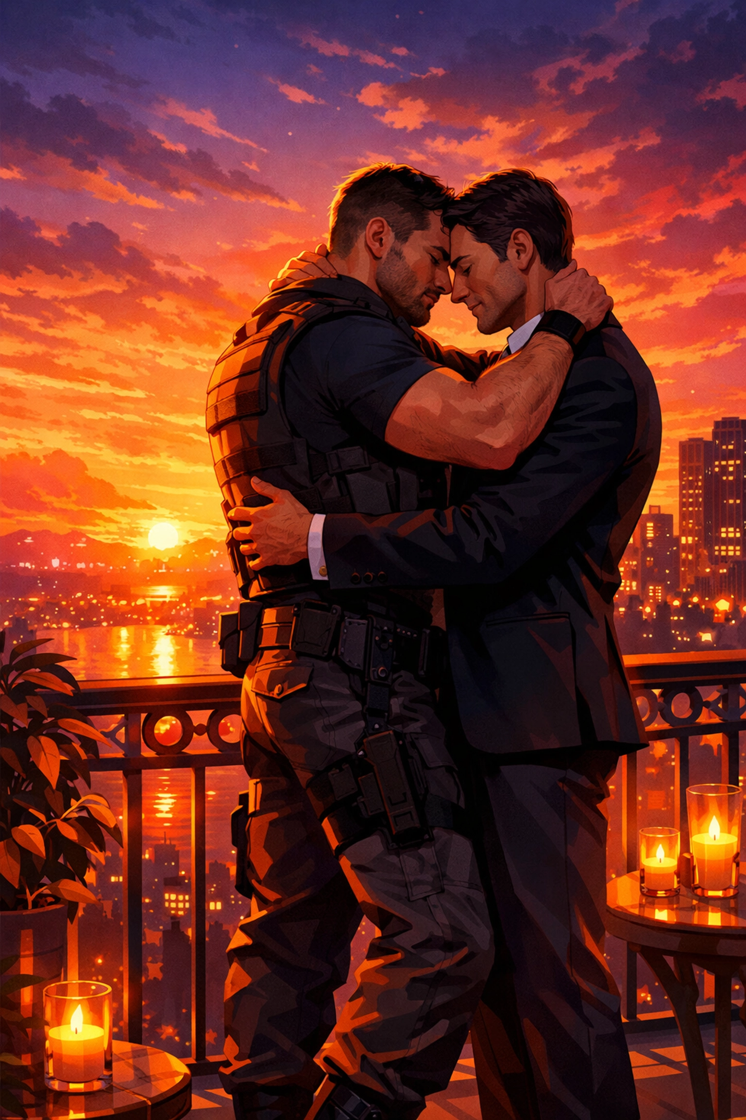 A bodyguard and his partner embrace on a balcony at sunset, concluding a heartfelt gay love story.