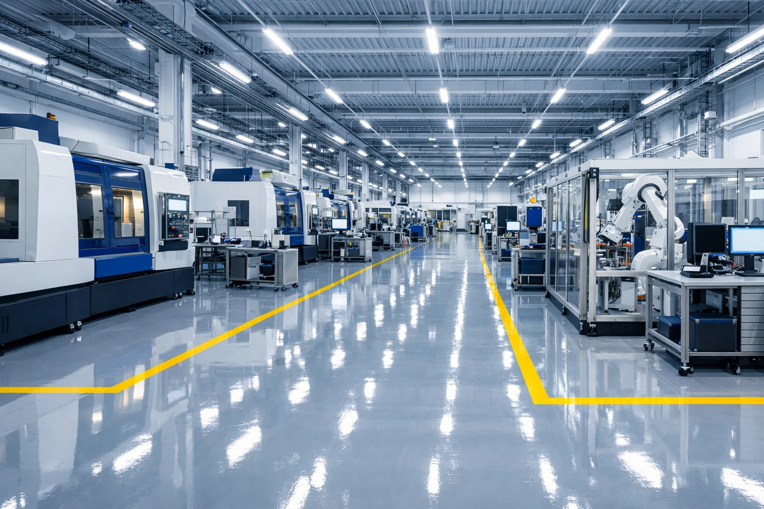 Expert industrial facility cleaning in Fitchburg showing a sterile, organized manufacturing floor.