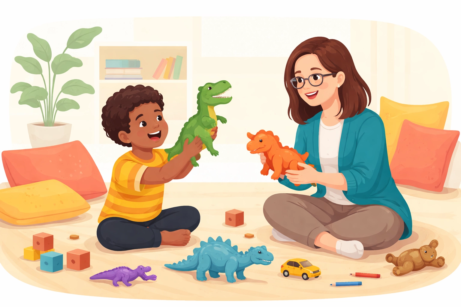 Child and therapist joyfully playing with toy dinosaurs, illustrating play-based ABA therapy in Texas