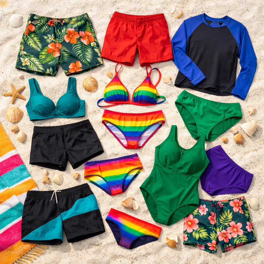 Queer-inclusive swimwear collection featuring board shorts, speedos, and gender-neutral styles on sand