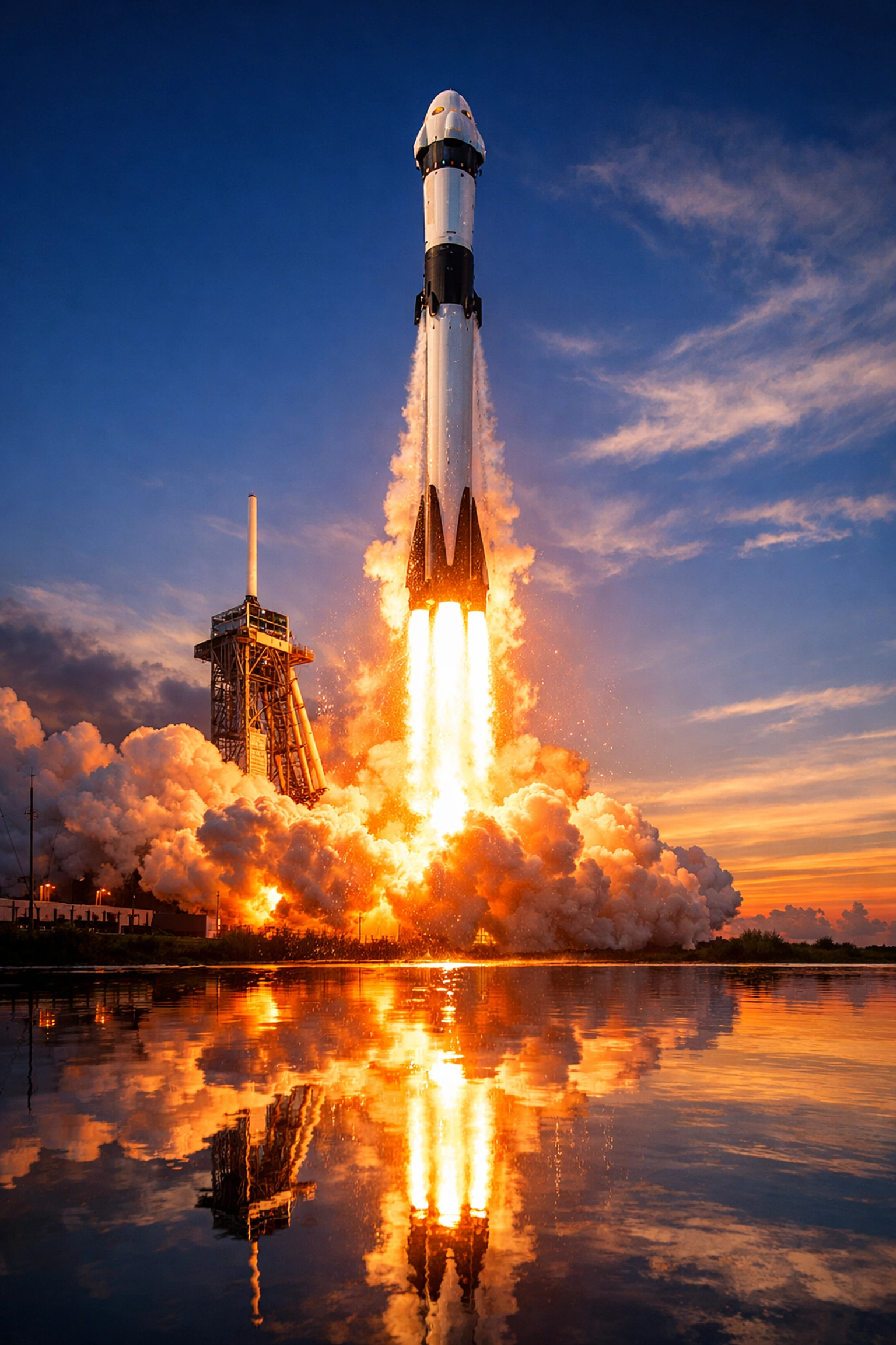 SpaceX Falcon 9 rocket launching NASA astronauts to International Space Station at dawn