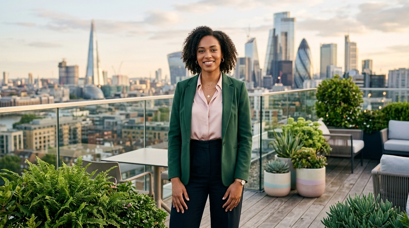 A diverse ambitious woman stands confidently on a rooftop terrace, embodying grounded self-trust and alignment.