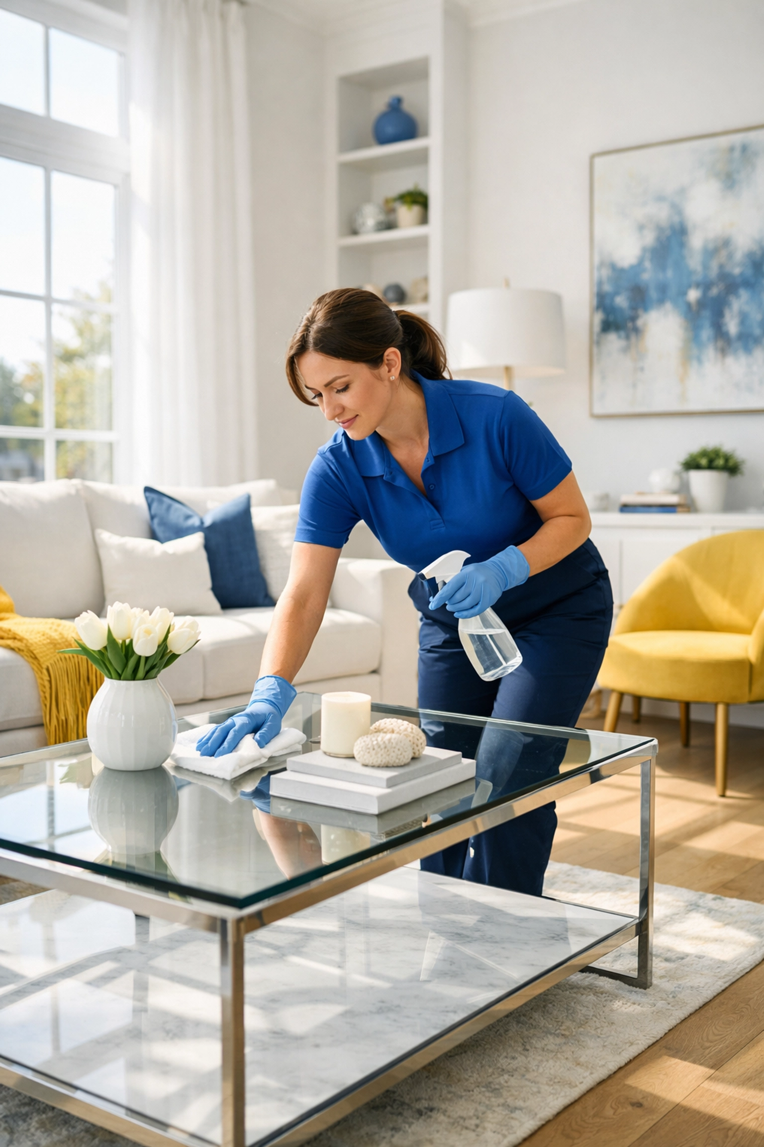 A professional cleaner dusting a glass table in a sun-drenched apartment living room in Southborough.