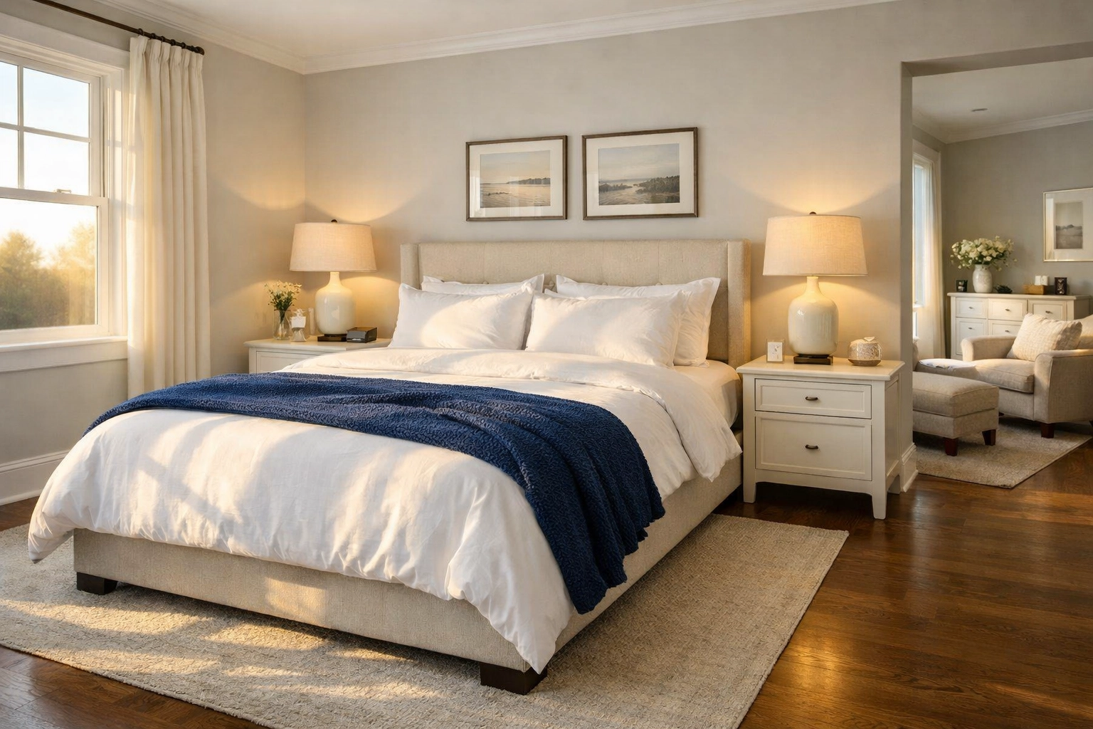 A perfectly tidy and serene master bedroom following a recurring Groton house cleaning schedule.
