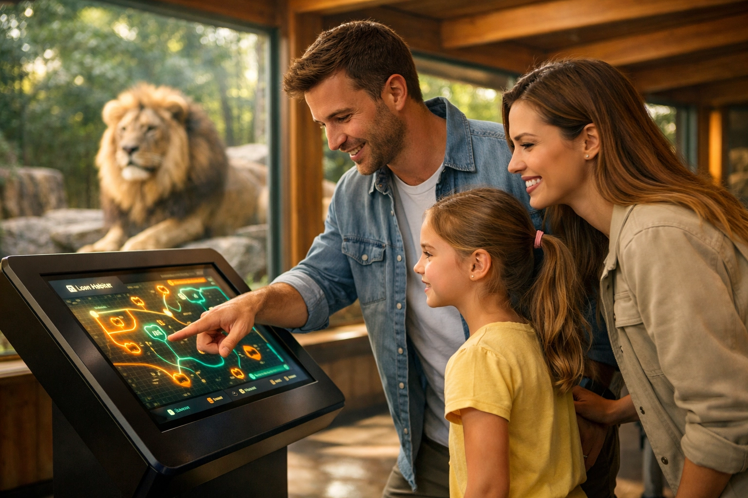 A family using an interactive digital kiosk at a zoo exhibit to enhance their on-site visitor experience.
