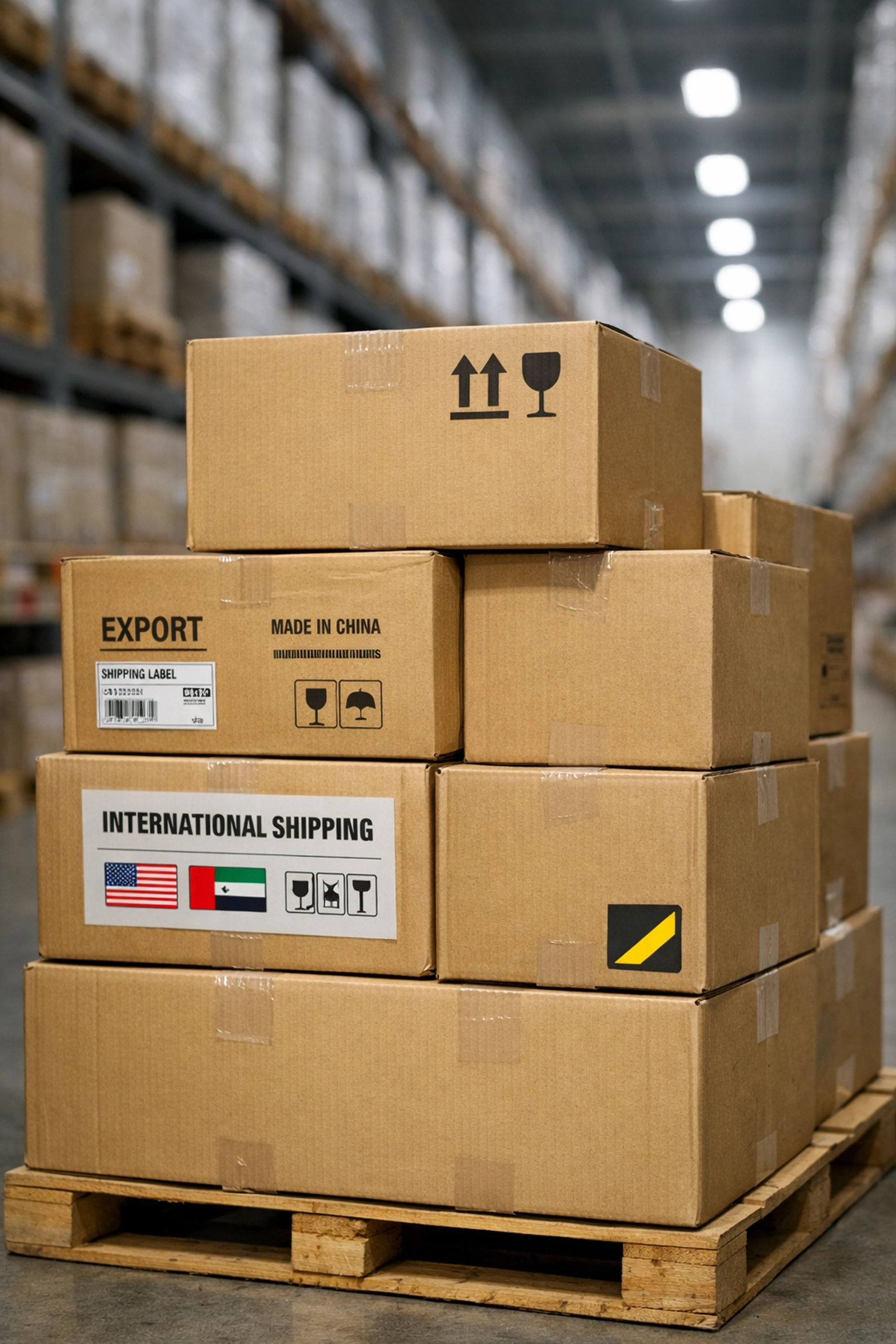 Stacked wholesale inventory boxes from authorized distributors ready for Amazon FBA shipping.
