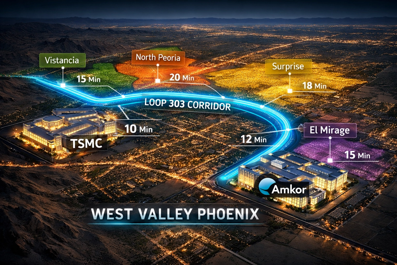 West Valley Phoenix map showing Loop 303 corridor neighborhoods near Amkor and TSMC facilities