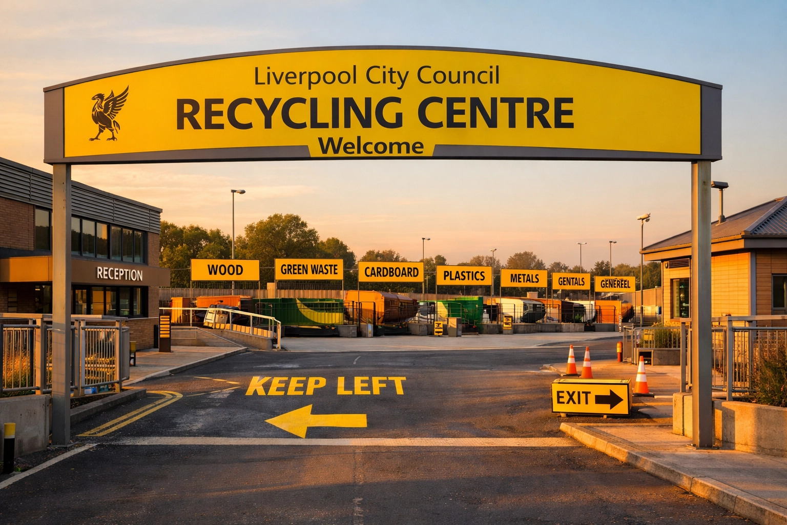 Liverpool City Council recycling centre with marked bays for hazardous waste and banned skip items