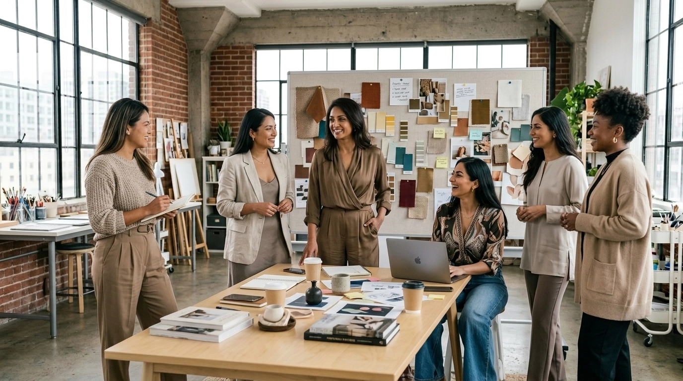 A diverse mix of professional women of various races and body shapes in a chic creative studio, sharing a relaxed, authentic collaboration moment with a polished and empowering feel.