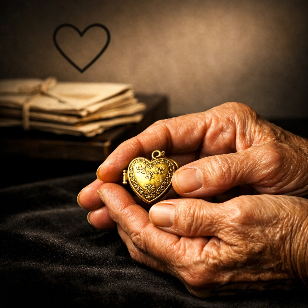 Elderly hands holding a gold locket representing sentimental items during senior moving in Columbus.
