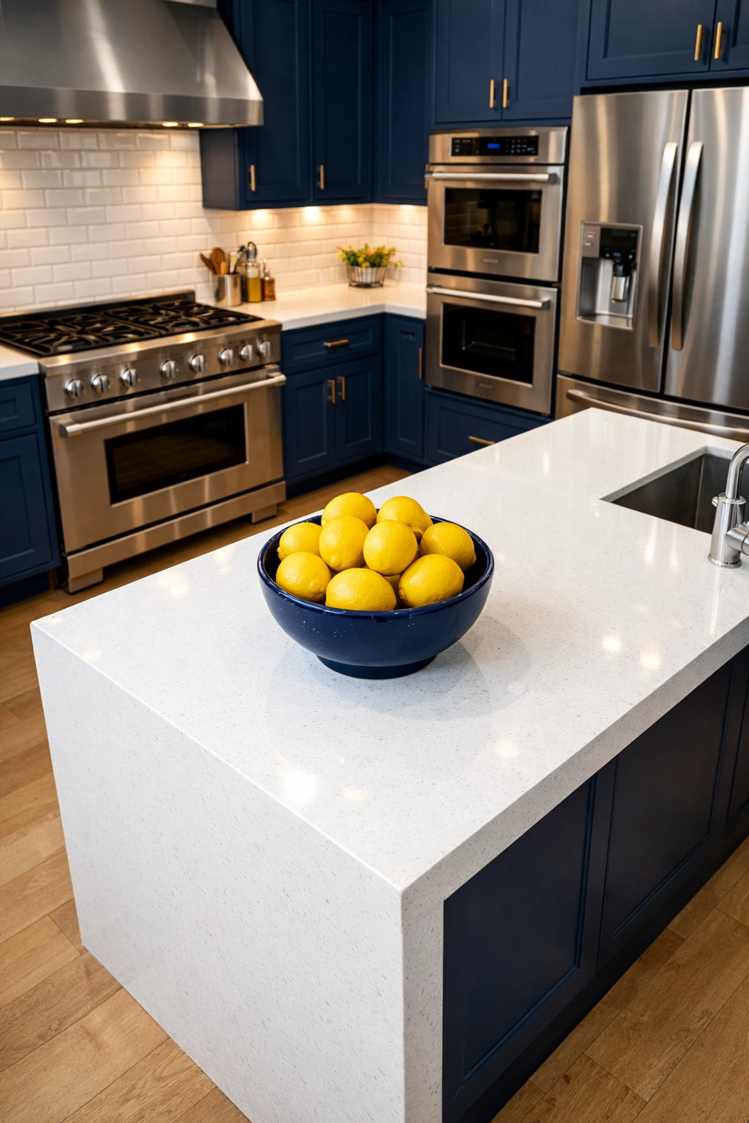 Sanitized luxury kitchen with sparkling counters from a professional Pepperell cleaning service.