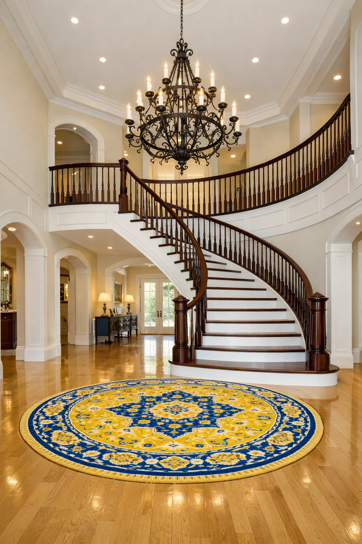 Reflective wood floors in a grand foyer maintained by professional Westwood estate cleaning services.