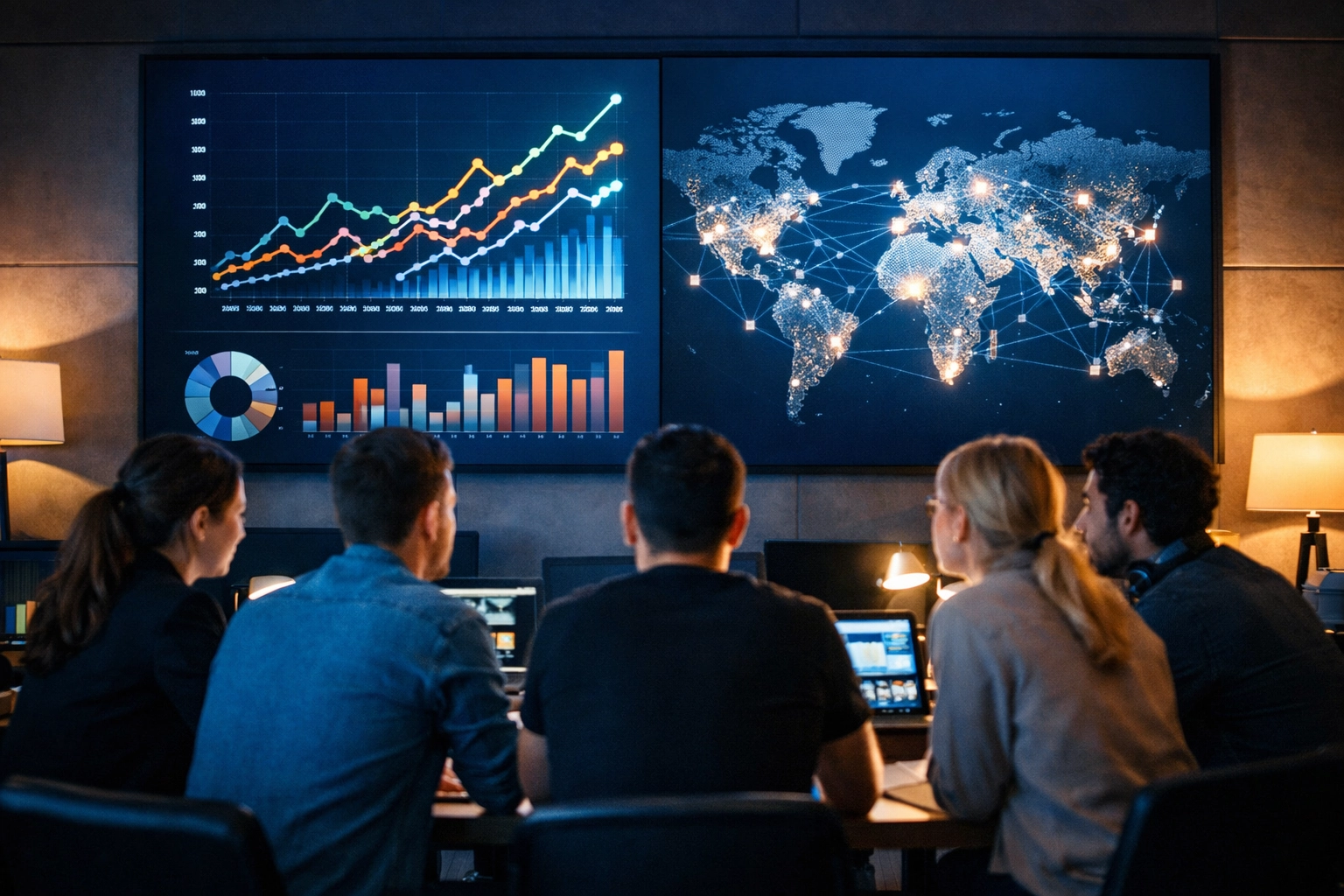 Professionals analyzing real-time data analytics on a digital display to optimize brand visibility management.