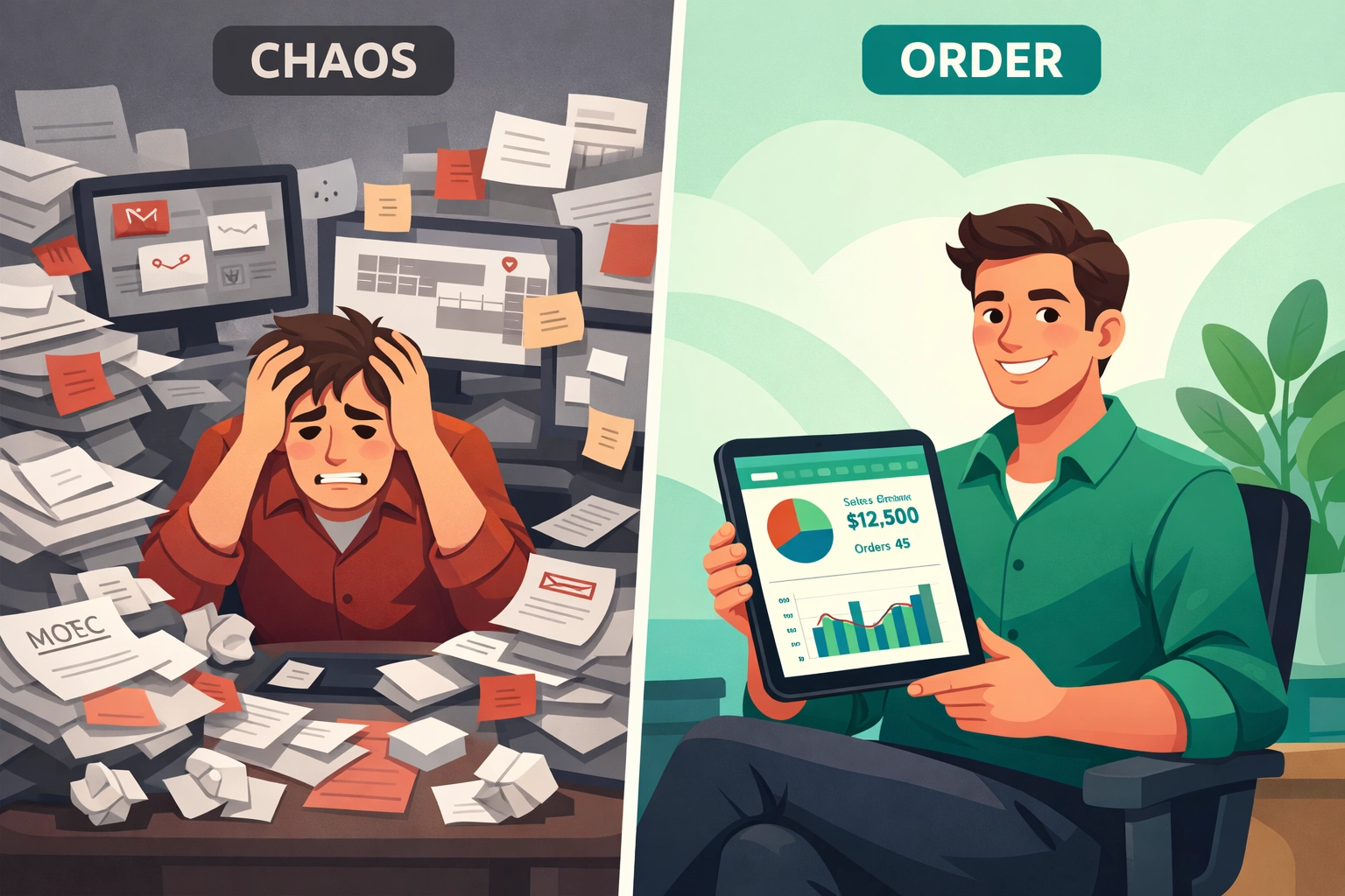 Before and after comparison: manual business chaos versus streamlined automated workflow efficiency