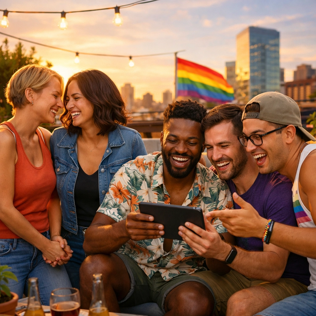 Diverse LGBTQ+ friends gathering on a rooftop to share a queer fiction story on a digital tablet.