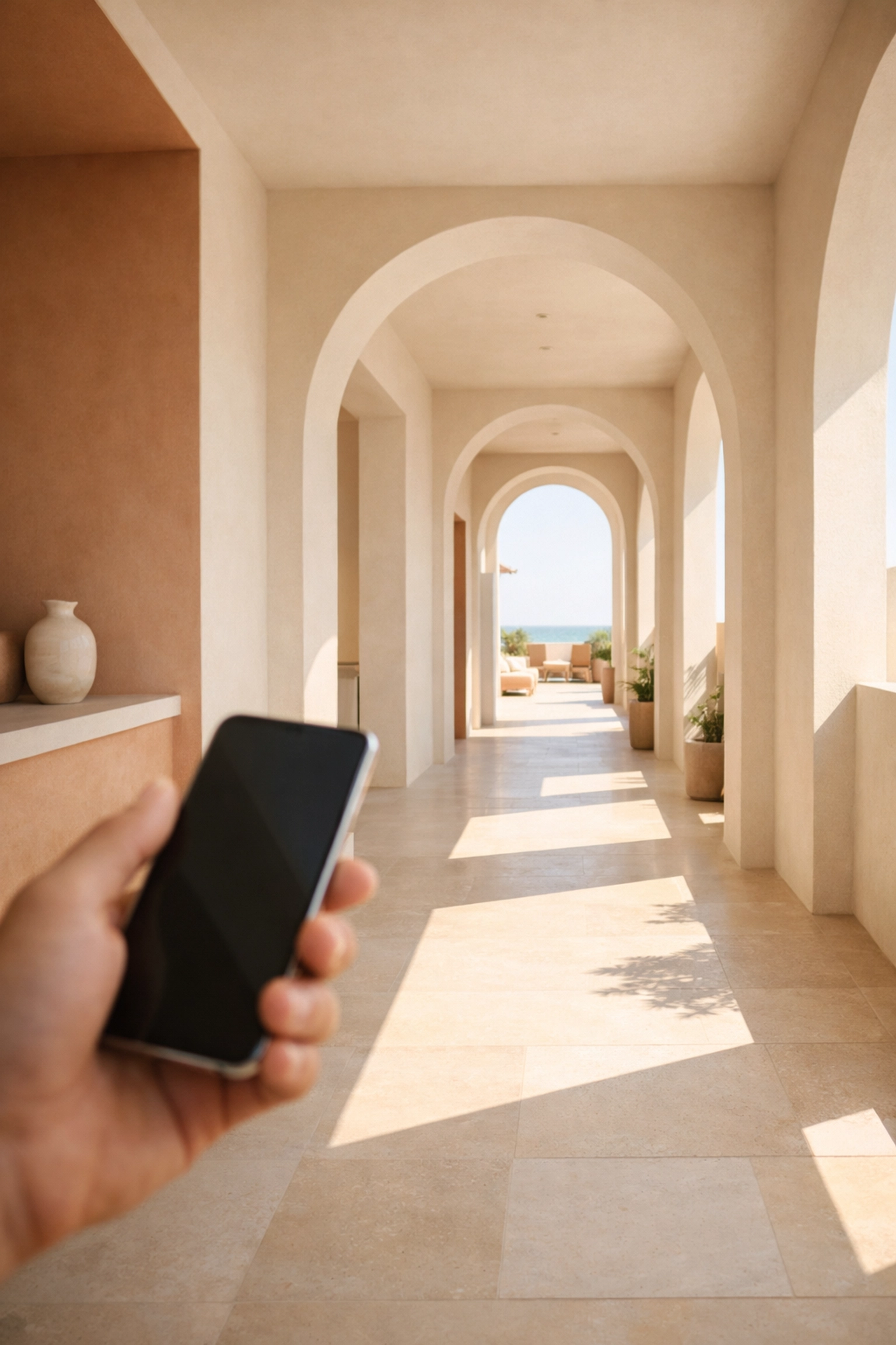 Hotel guest using a smartphone for mobile check-in in a sunlit corridor, enabled by smart software.