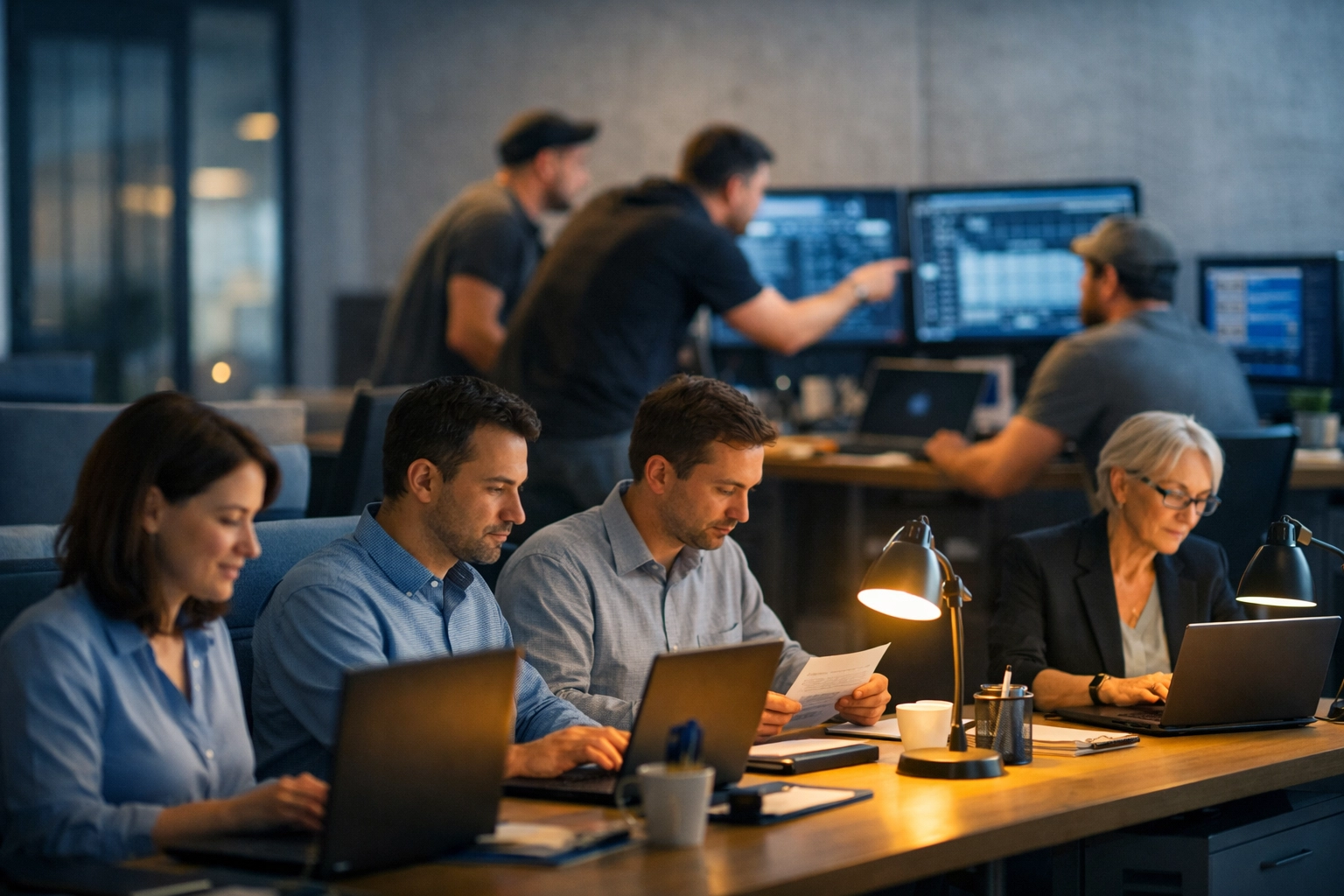 Permanent staff and contract IT specialists working together on technology projects