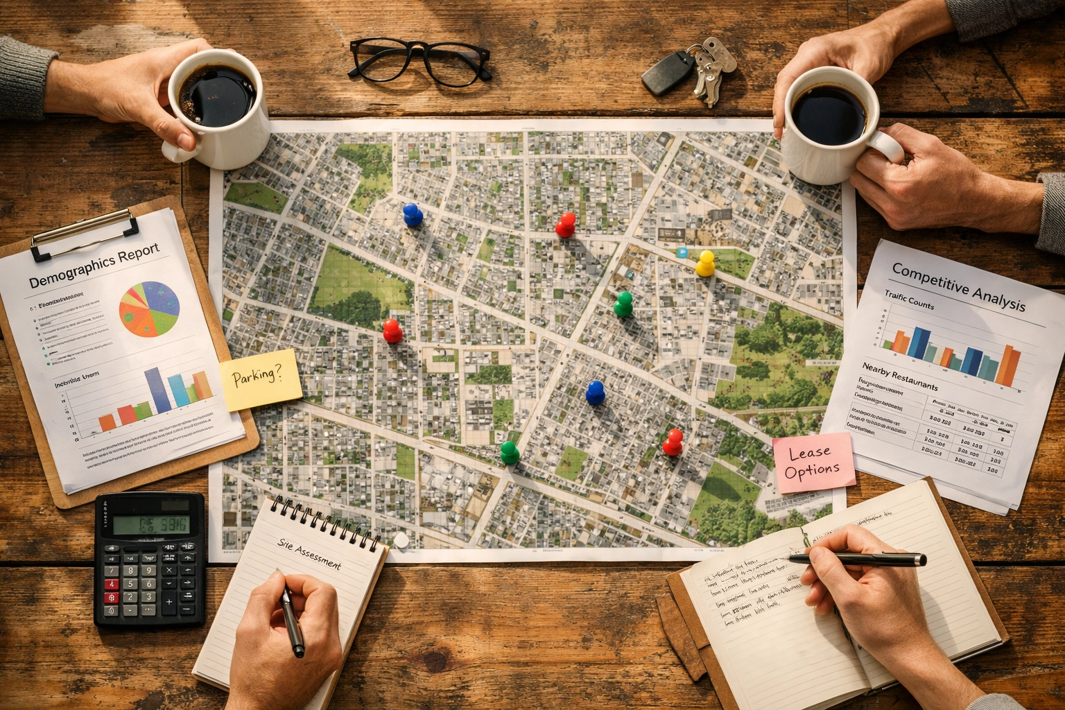 Restaurant site selection meeting with neighborhood maps and location analysis