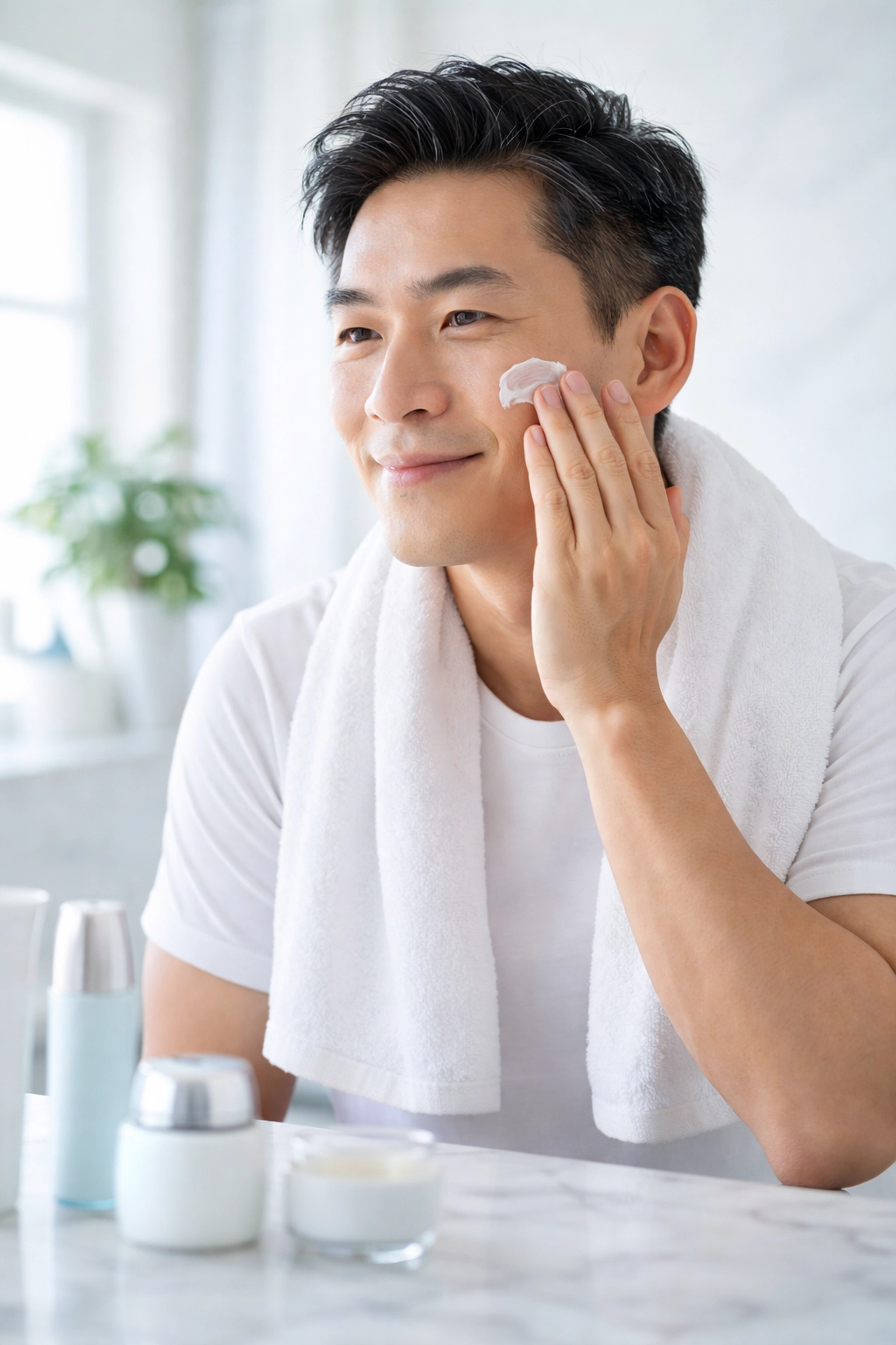 Man applying moisturizer as part of his daily skincare routine with grooming products on counter