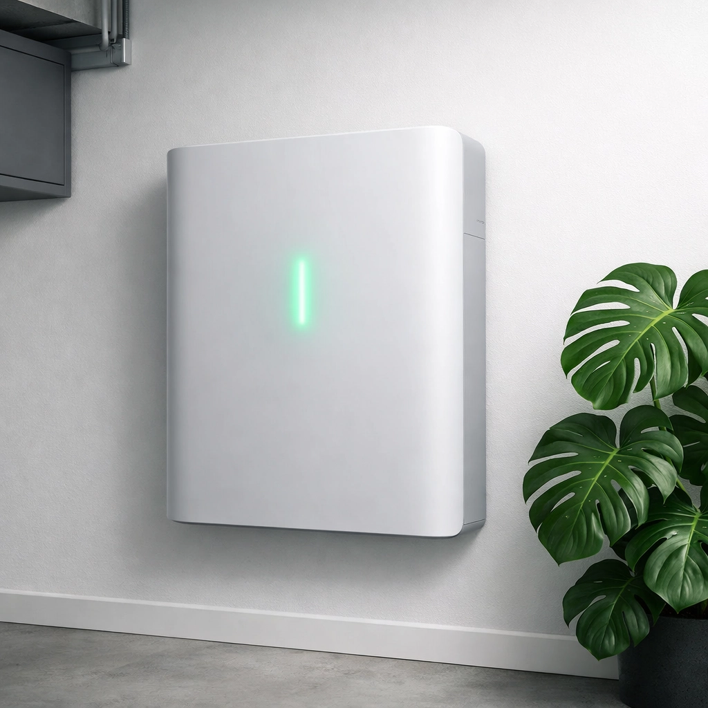 Sleek home battery storage system installed in a modern utility room for energy independence.