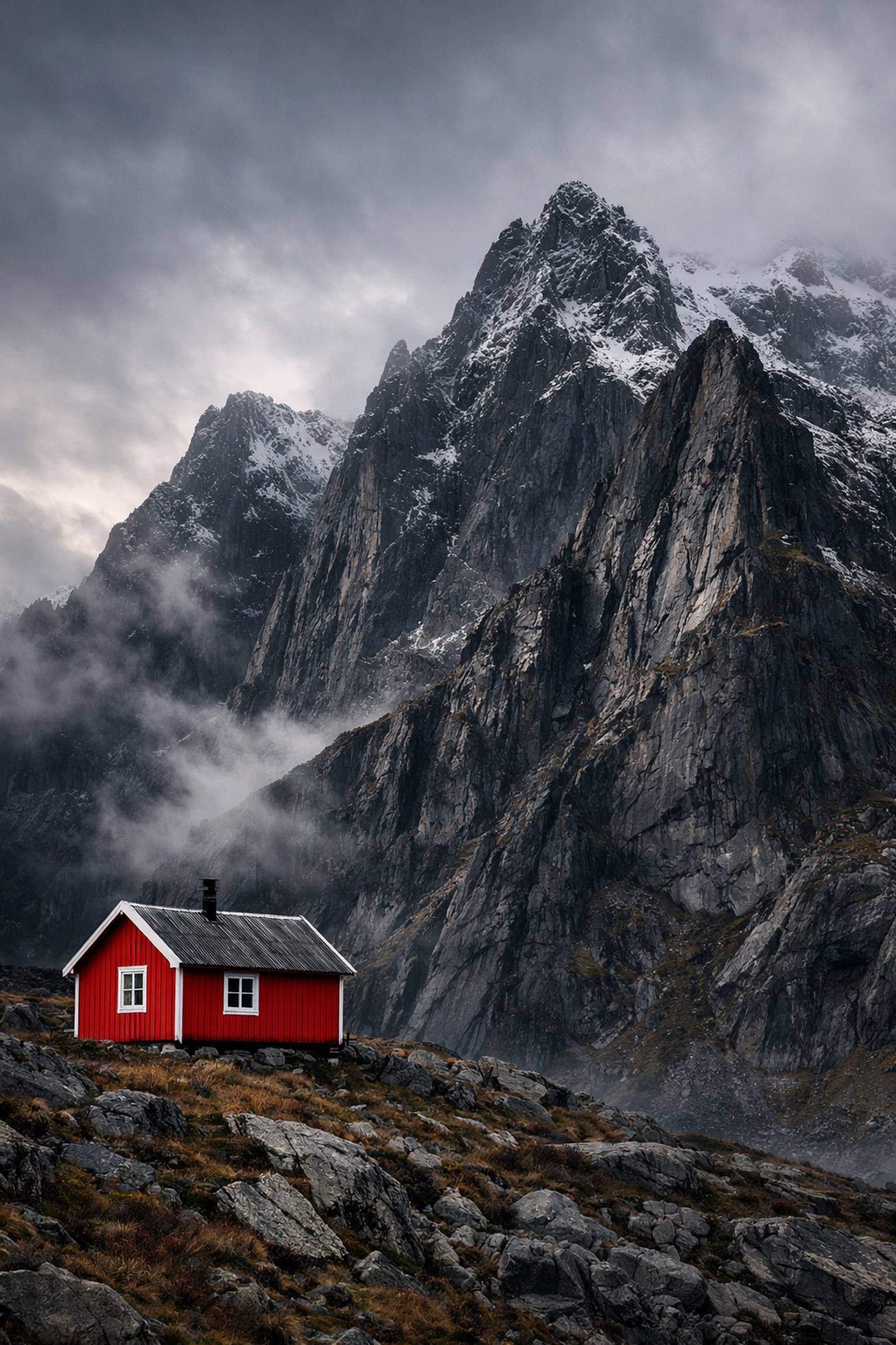 A small cabin focal point in front of huge mountains for effective landscape composition.