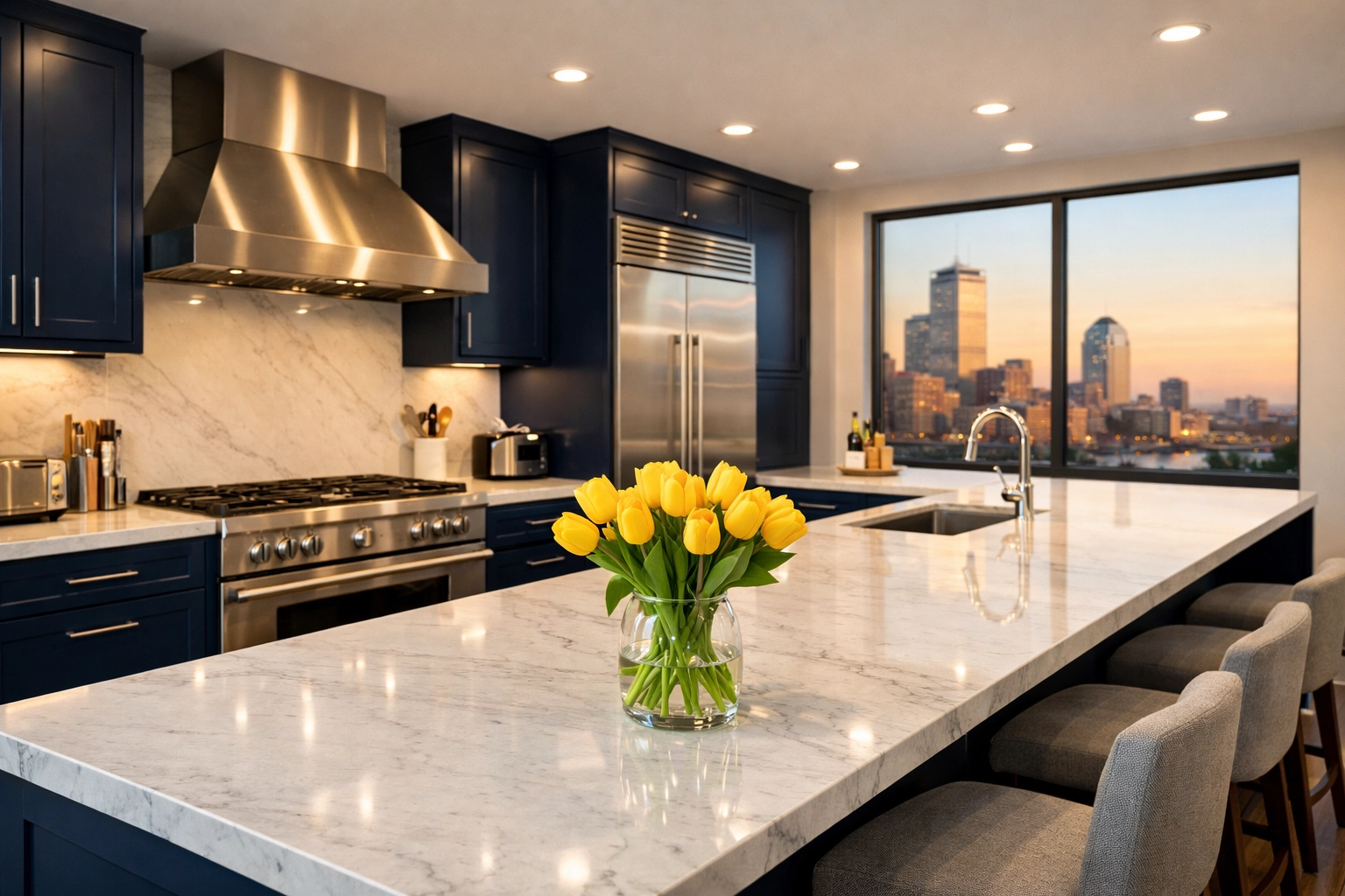 Spotless modern kitchen in a luxury home, highlighting expert apartment cleaning in Boston.
